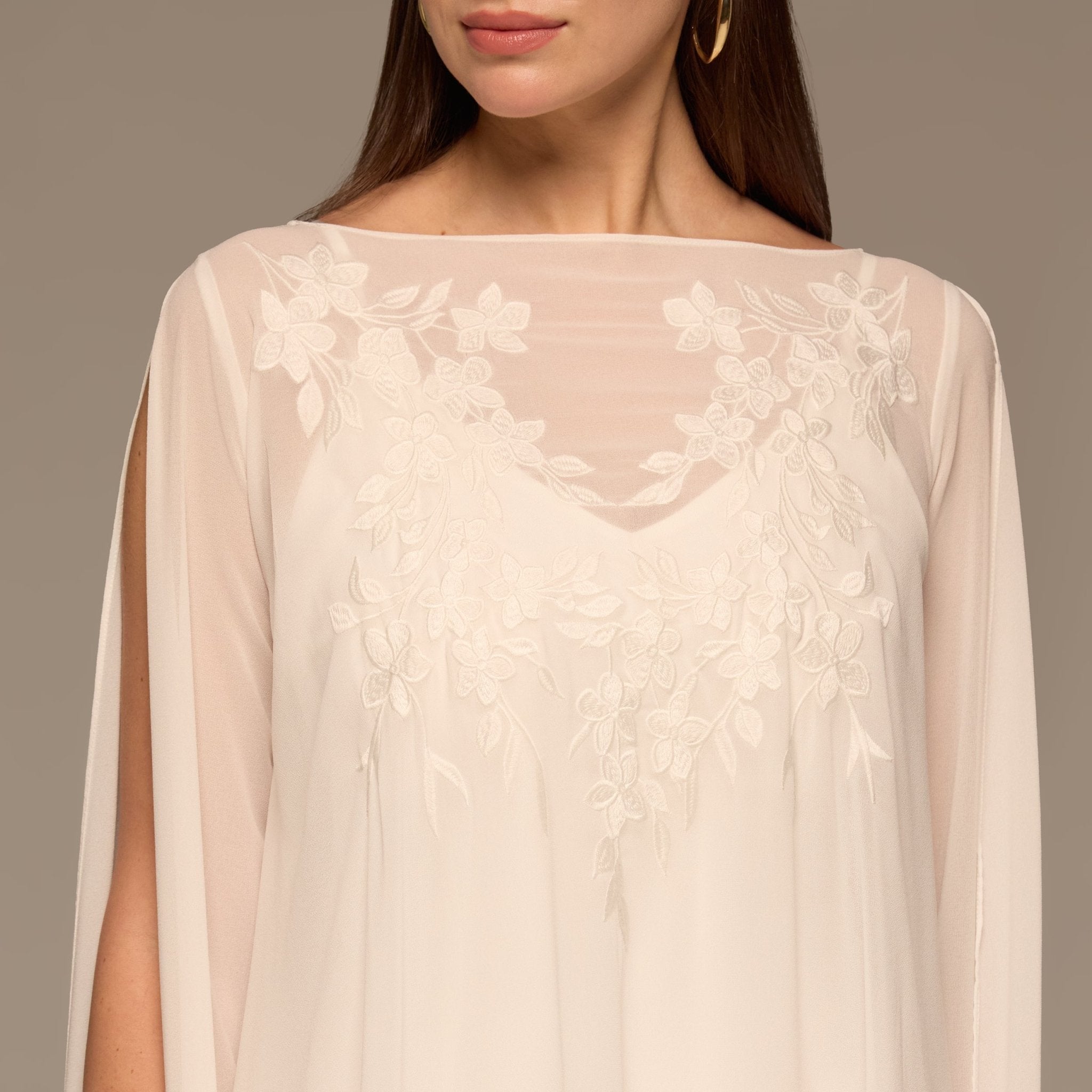Ivory Satin Dress with Embroidered Chiffon Overlay - shopaleena