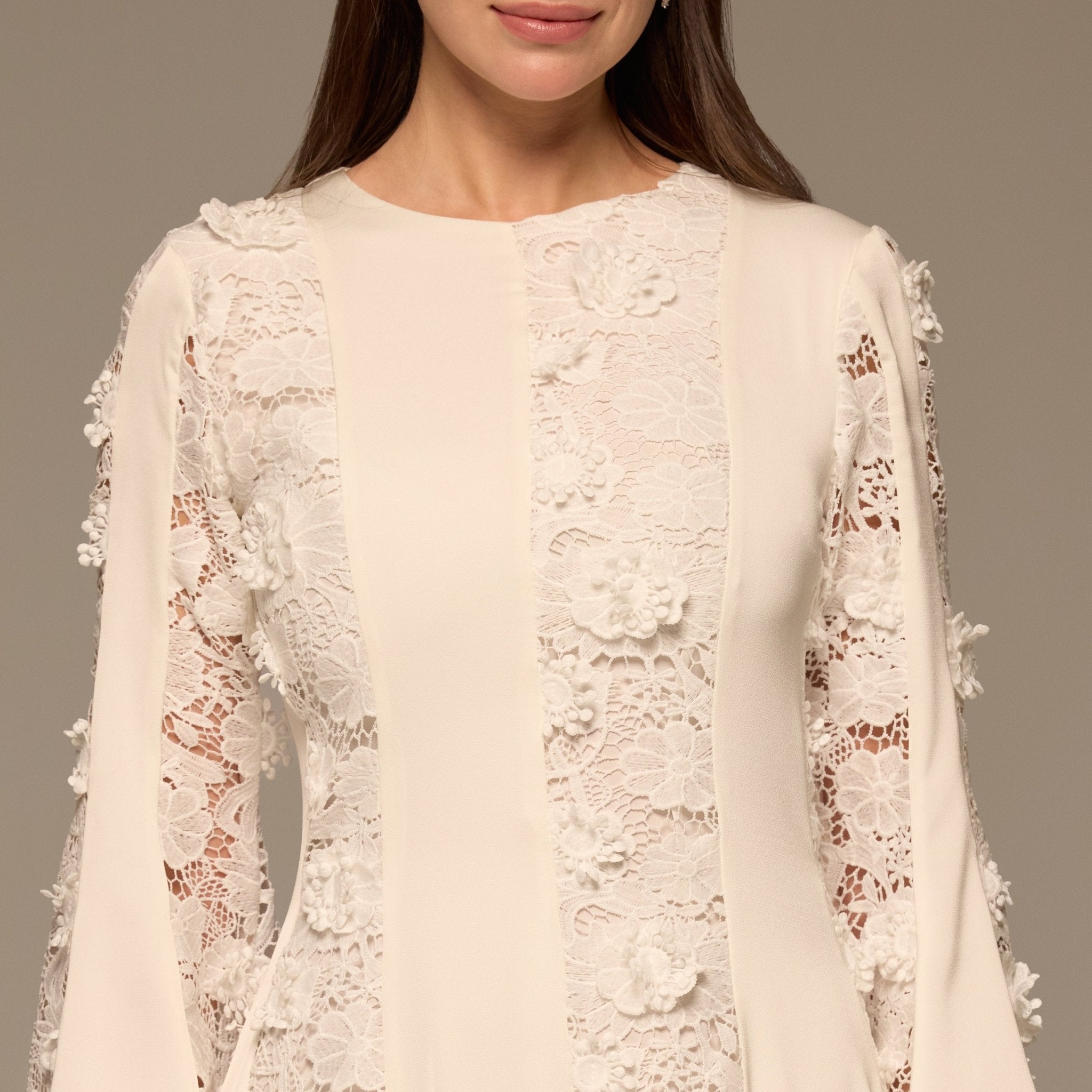 Ivory Satin Long - Sleeve Maxi Dress with Lace Details - shopaleena