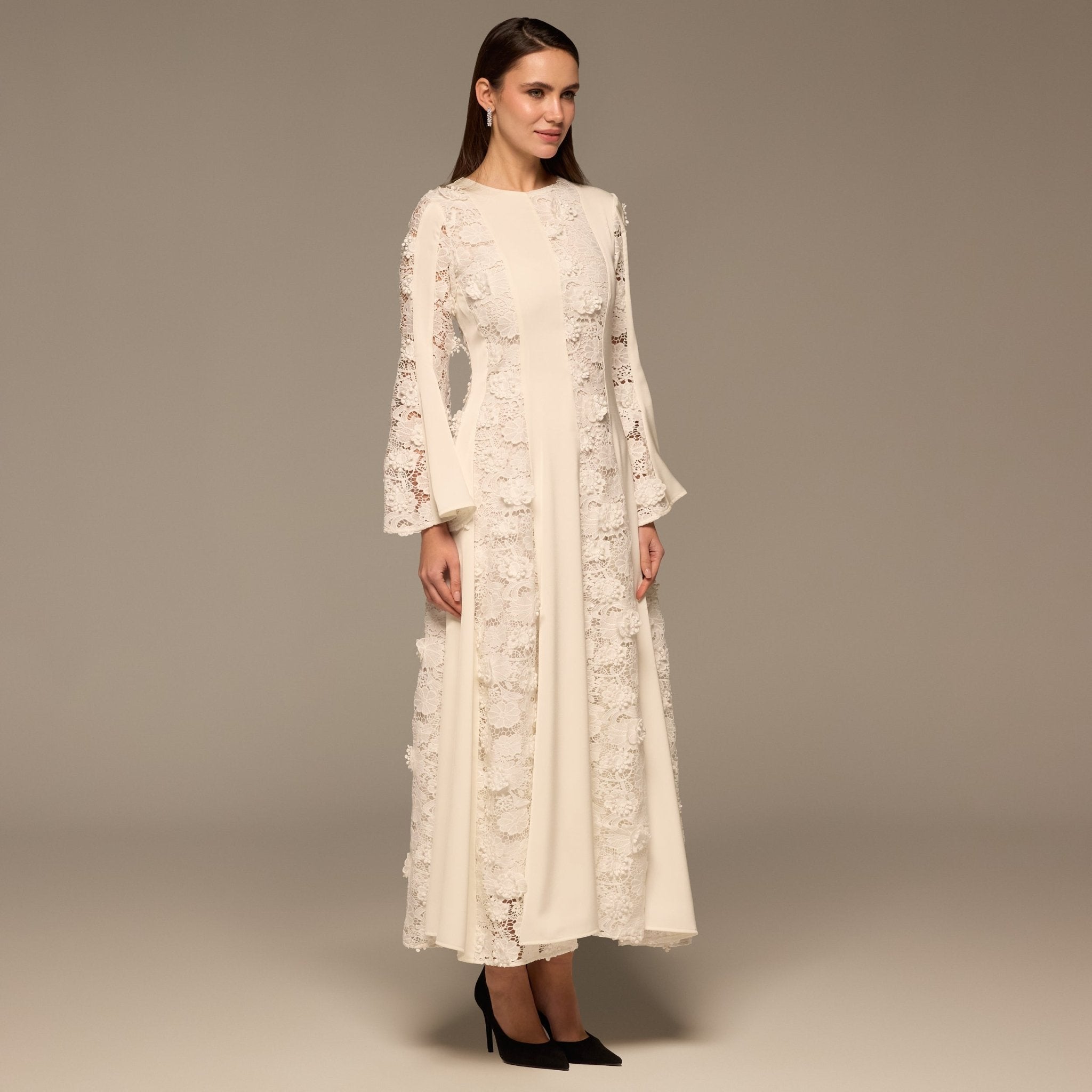 Ivory Satin Long - Sleeve Maxi Dress with Lace Details - shopaleena