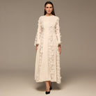 Ivory Satin Long - Sleeve Maxi Dress with Lace Details - shopaleena