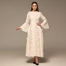 Ivory Satin Long - Sleeve Maxi Dress with Lace Details - shopaleena