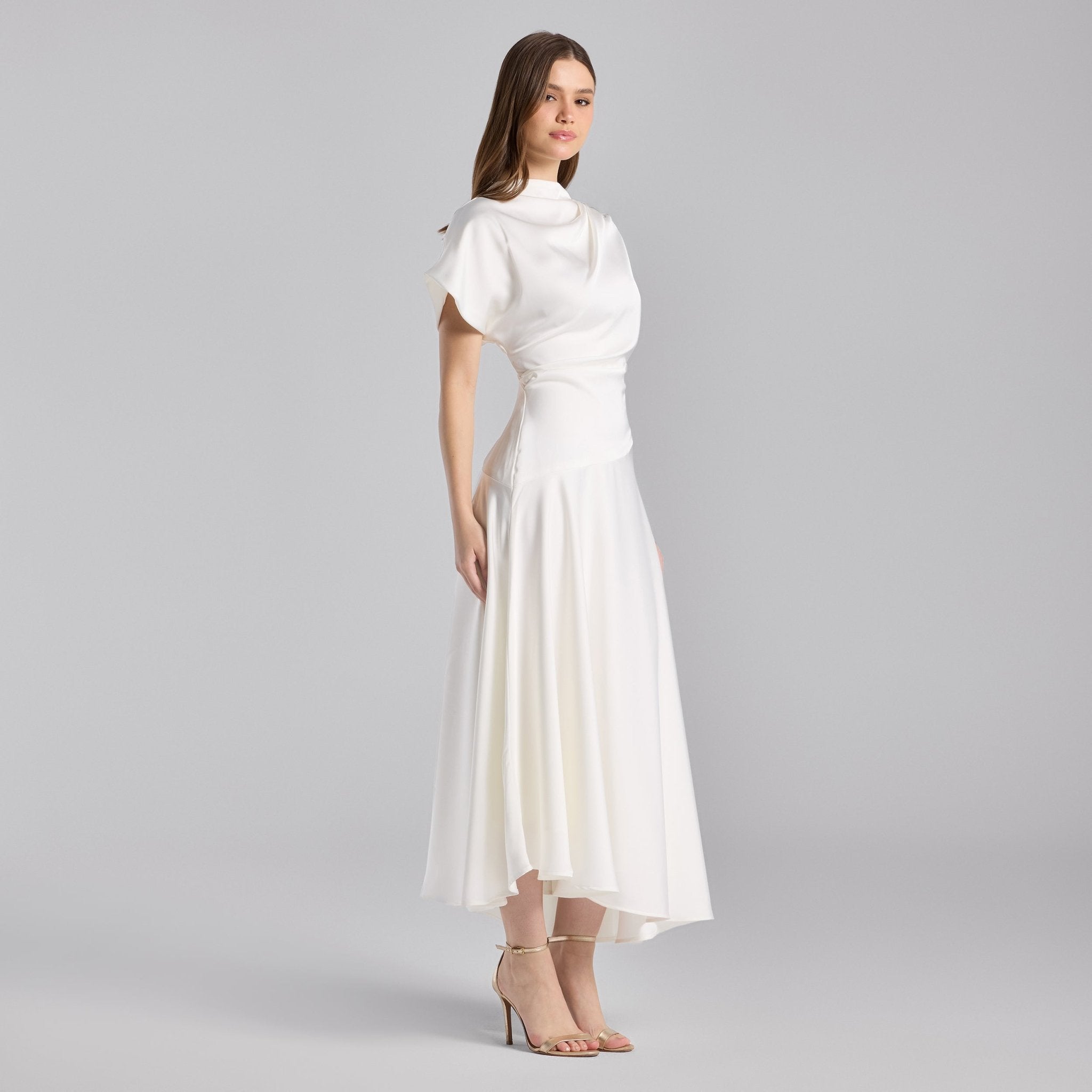 Ivory Short Sleeve Asymmetric Satin Dress - shopaleena
