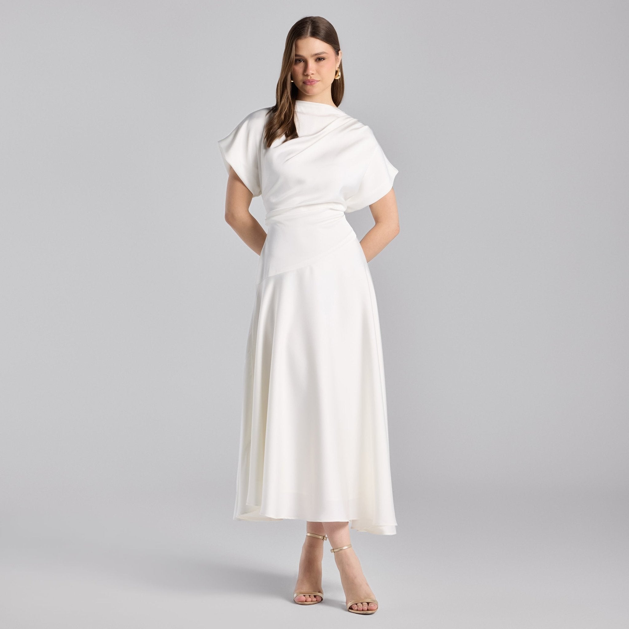 Ivory Short Sleeve Asymmetric Satin Dress - shopaleena