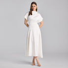 Ivory Short Sleeve Asymmetric Satin Dress - shopaleena