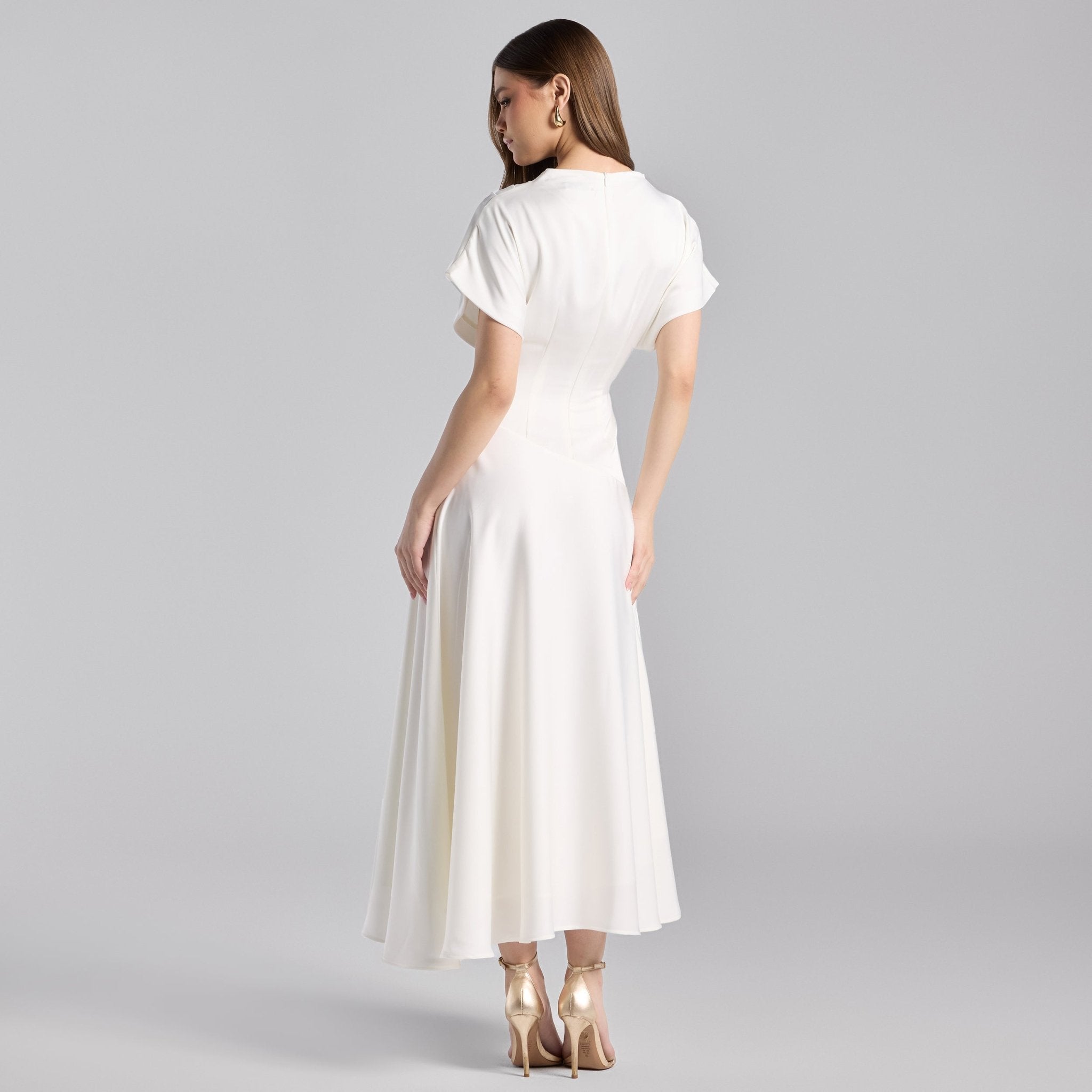 Ivory Short Sleeve Asymmetric Satin Dress - shopaleena