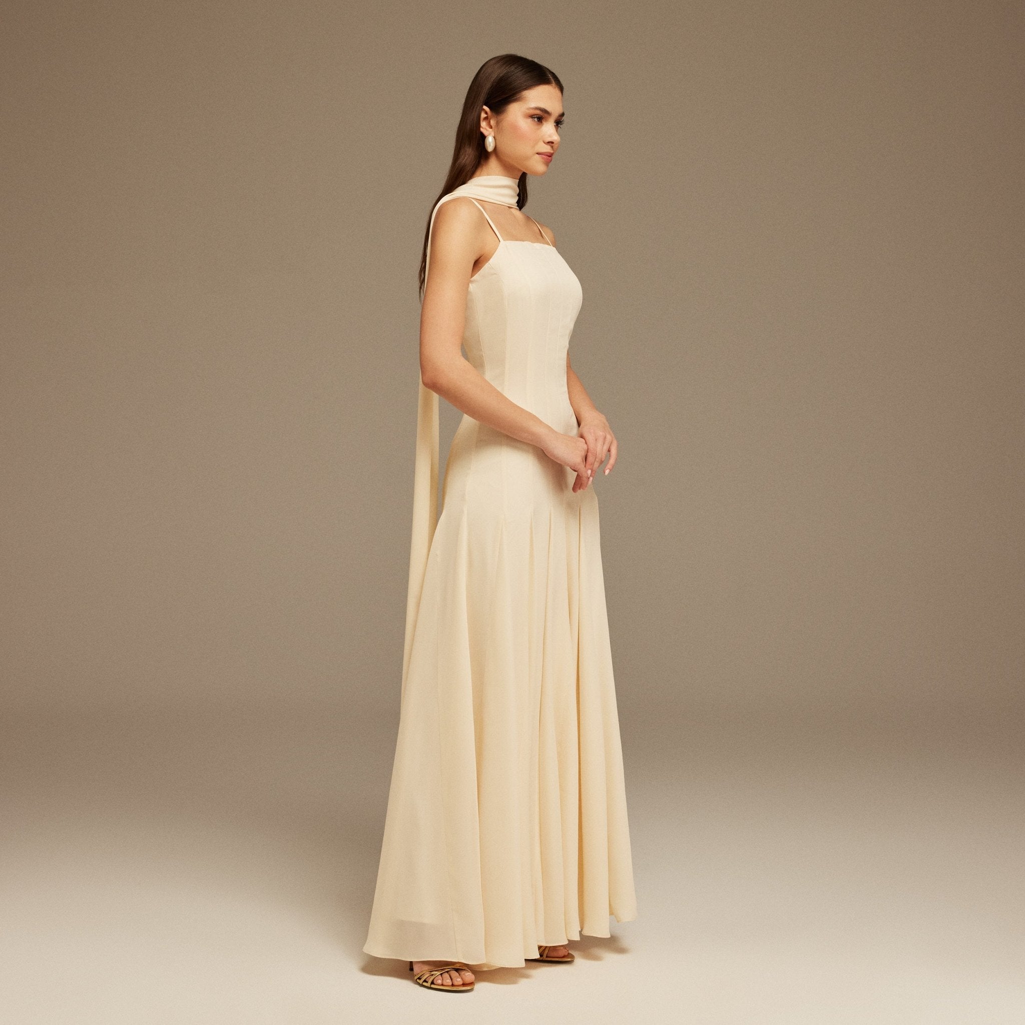 Ivory Short Sleeve Heart Neckline Long Dress - shopaleena