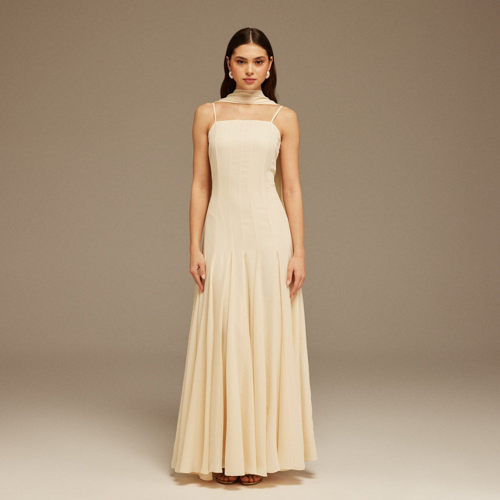 Ivory Short Sleeve Heart Neckline Long Dress - shopaleena