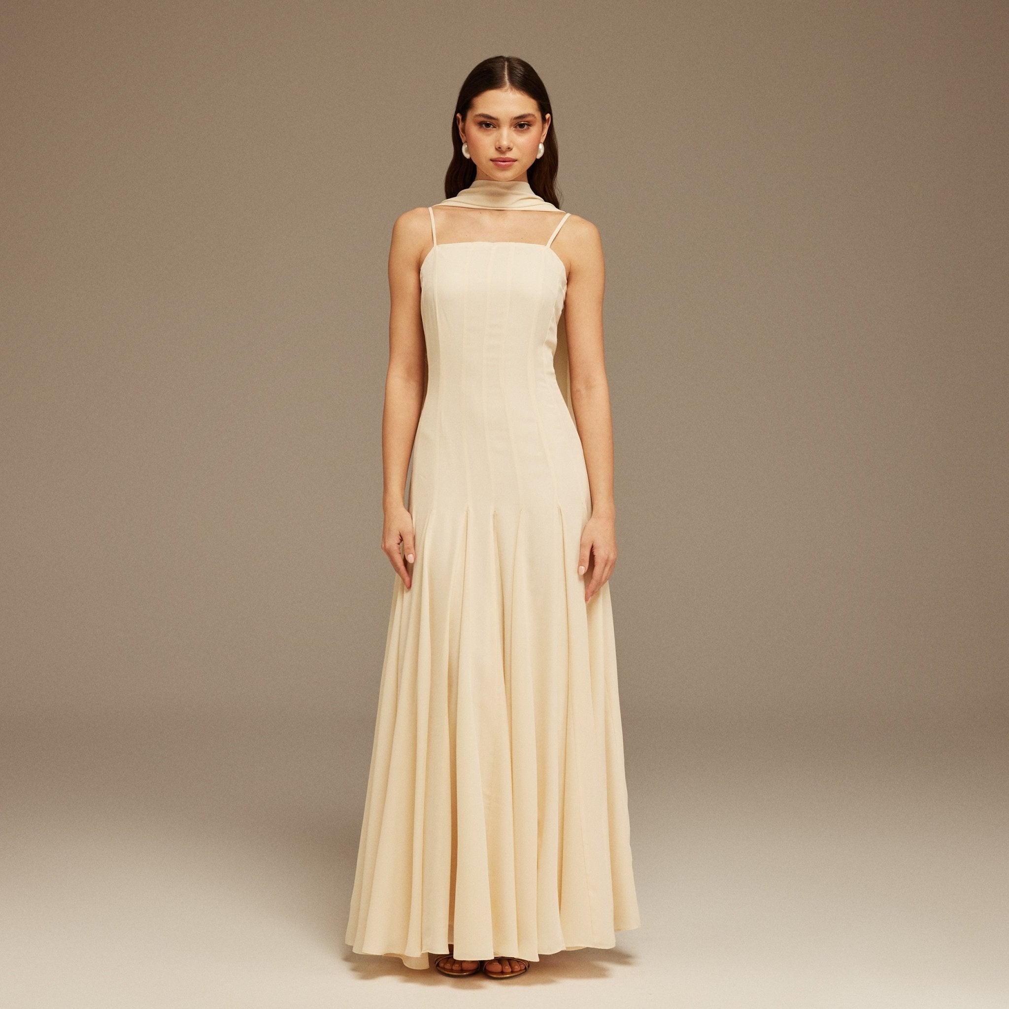 Ivory Short Sleeve Heart Neckline Long Dress - shopaleena