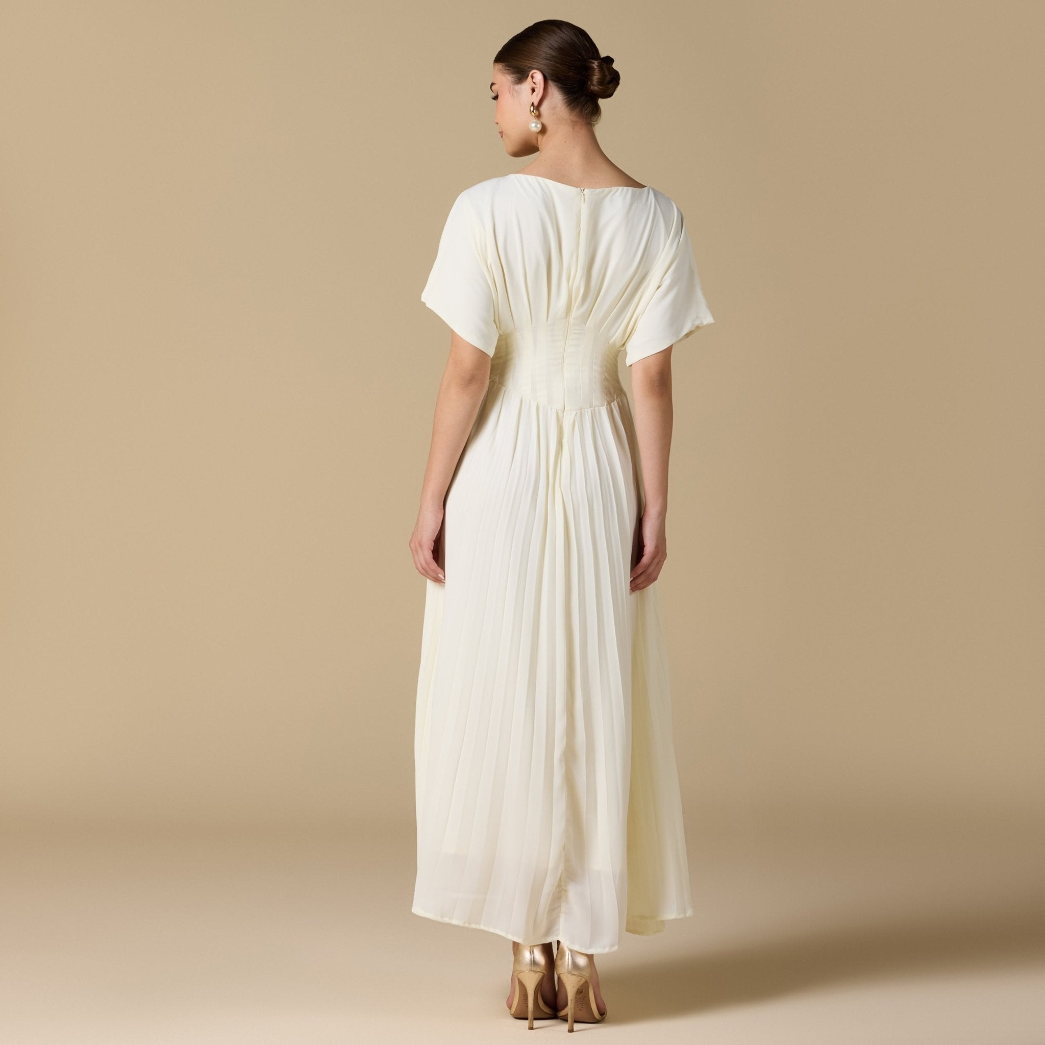 Ivory Short Sleeve Maxi Dress With Pleated Skirt - shopaleena