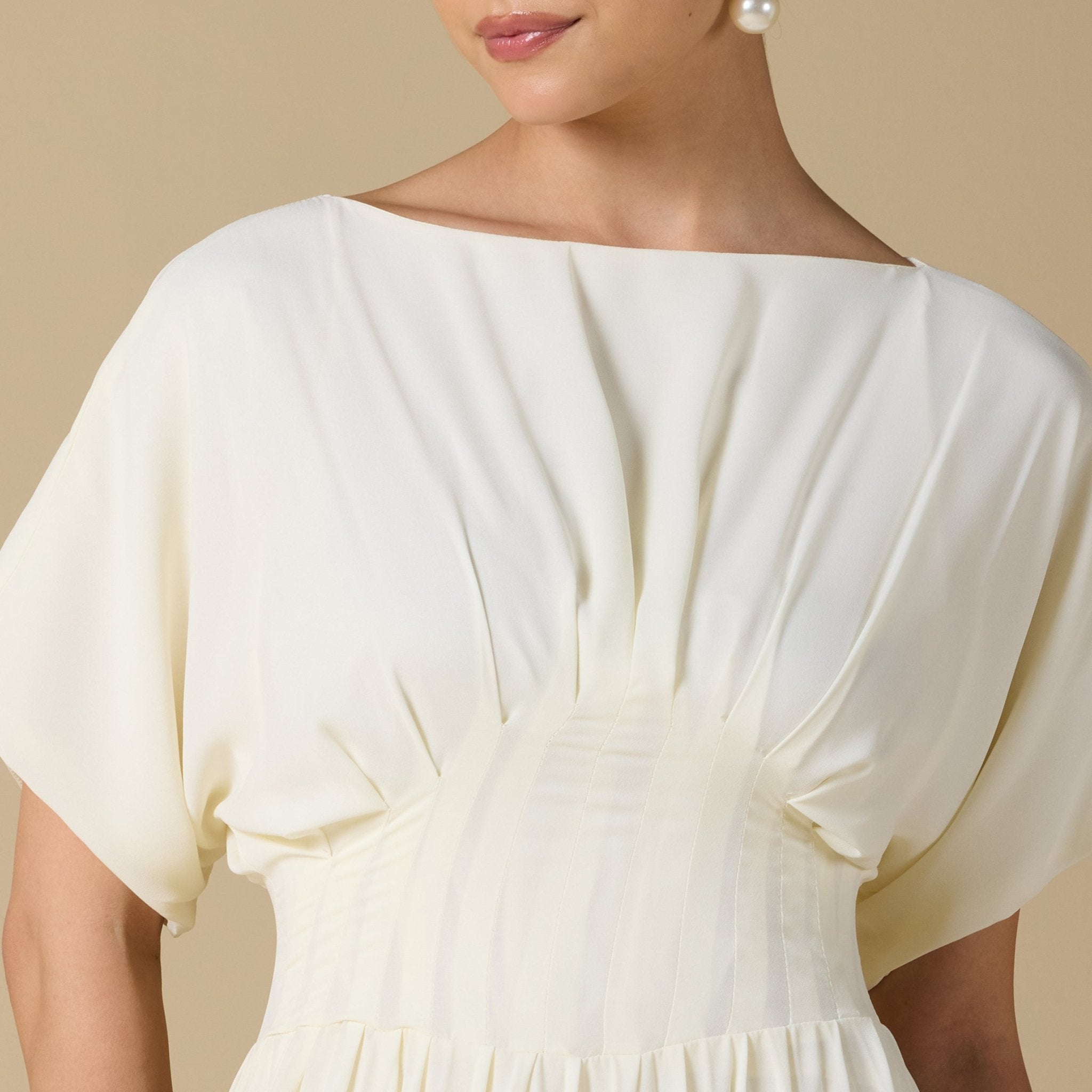 Ivory Short Sleeve Maxi Dress With Pleated Skirt - shopaleena