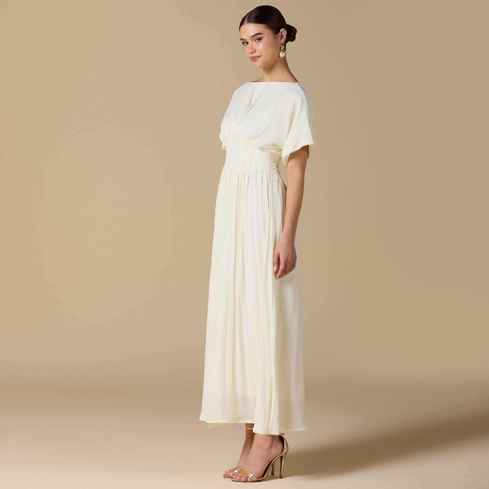 Ivory Short Sleeve Maxi Dress With Pleated Skirt - shopaleena