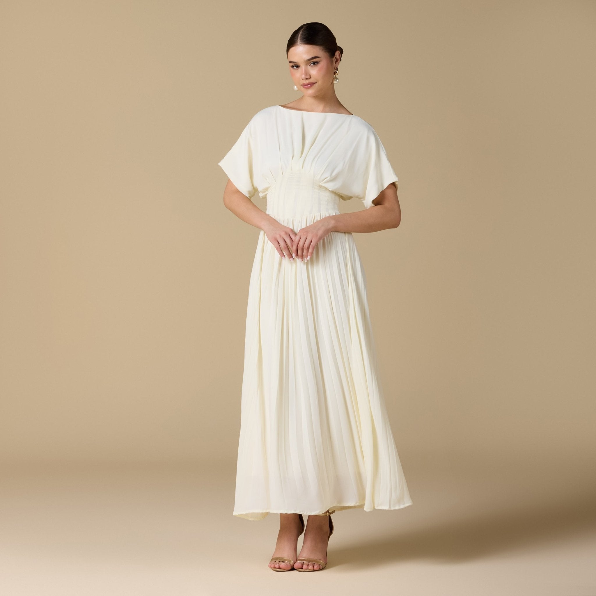 Ivory Short Sleeve Maxi Dress With Pleated Skirt - shopaleena