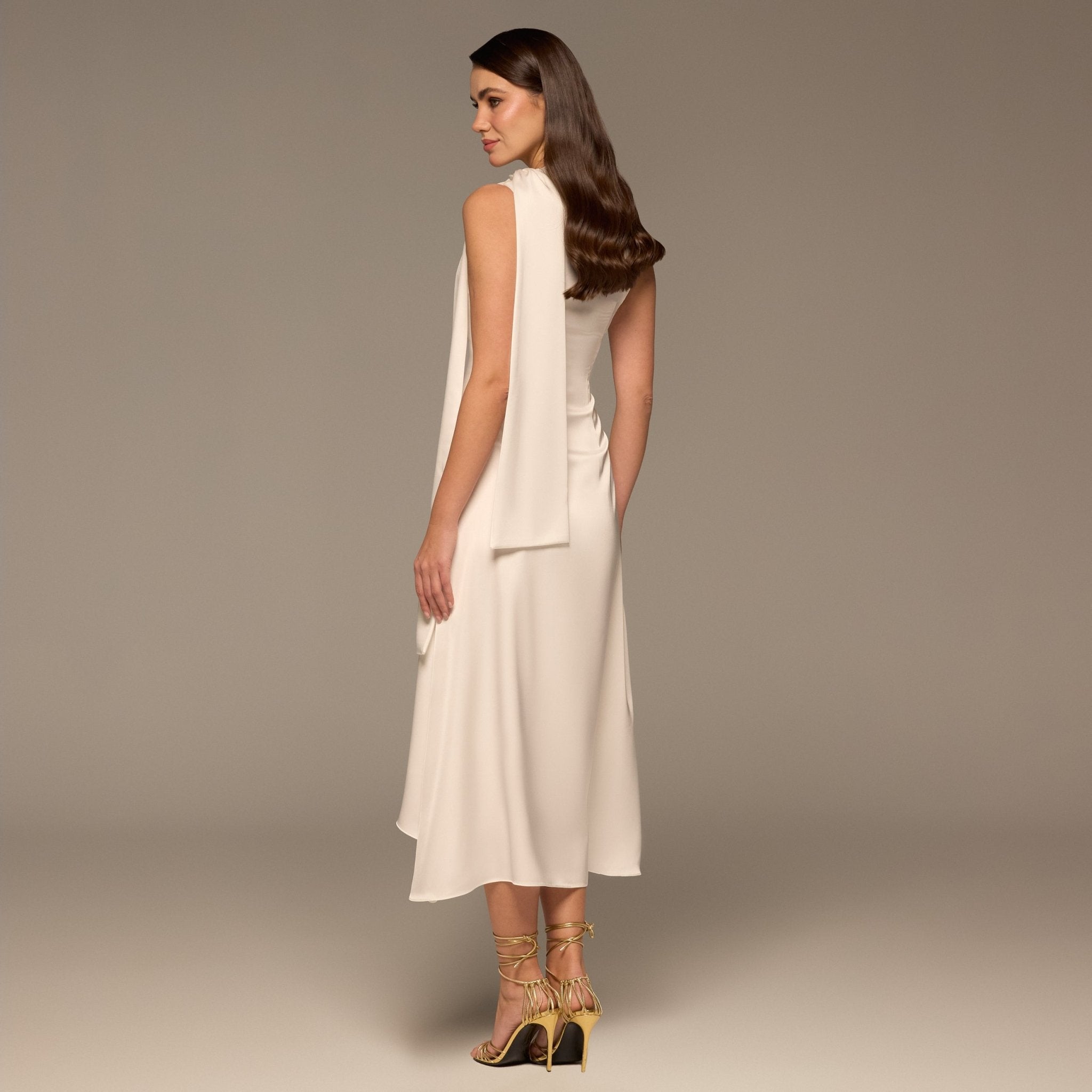 Ivory Side - Tie Satin Midi Dress - shopaleena