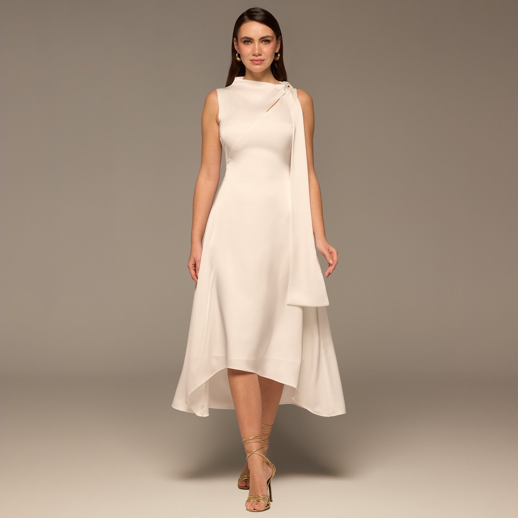 Ivory Side - Tie Satin Midi Dress - shopaleena