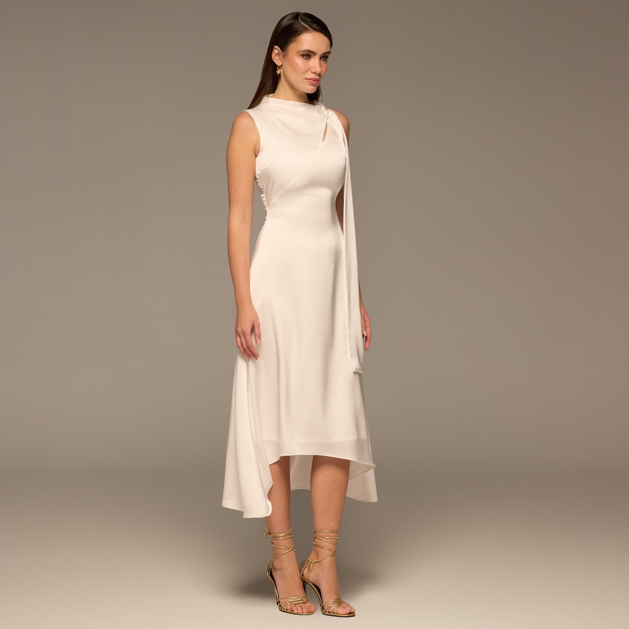 Ivory Side - Tie Satin Midi Dress - shopaleena