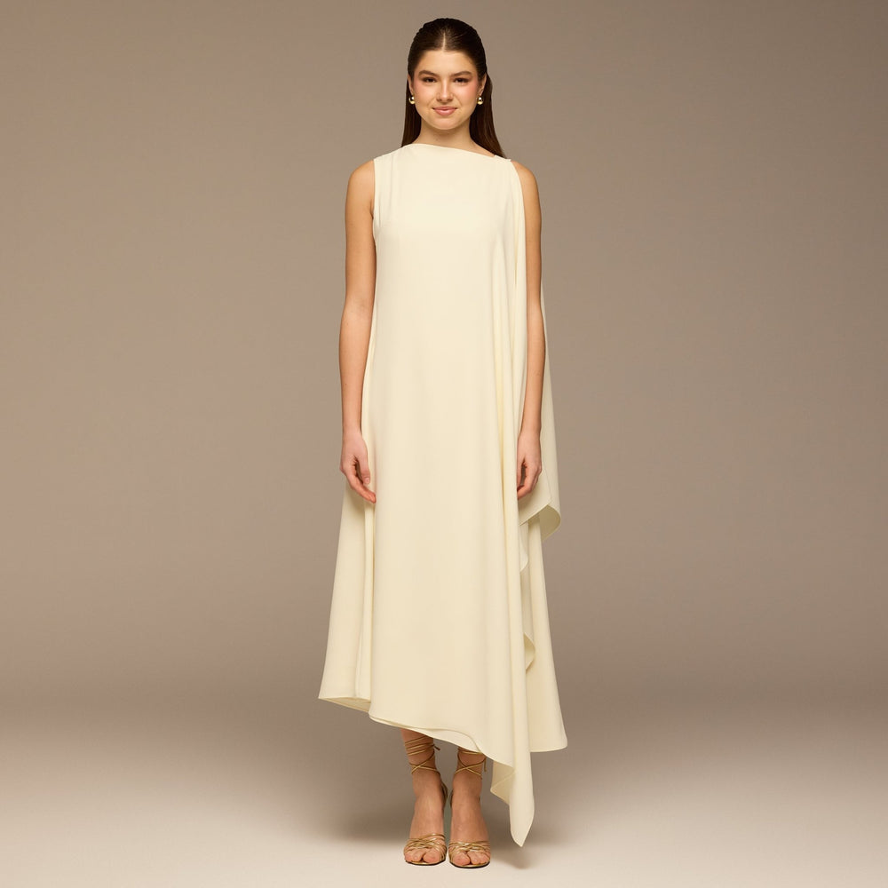 Ivory Sleeveless Crepe Maxi Dress with Side Scarf - shopaleena