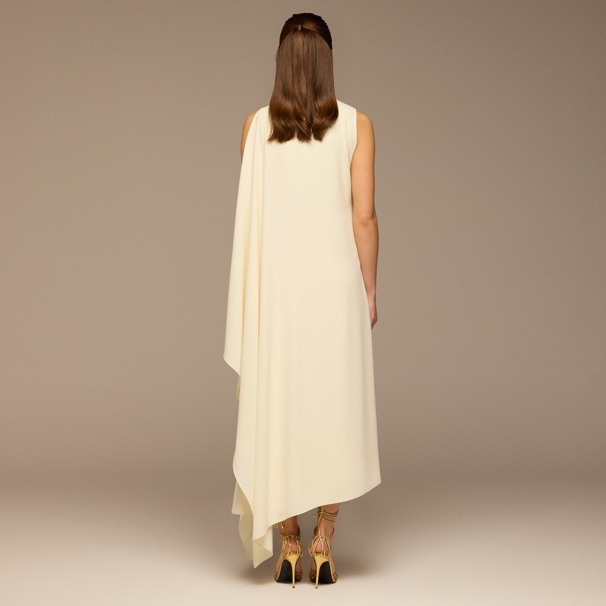 Ivory Sleeveless Crepe Maxi Dress with Side Scarf - shopaleena