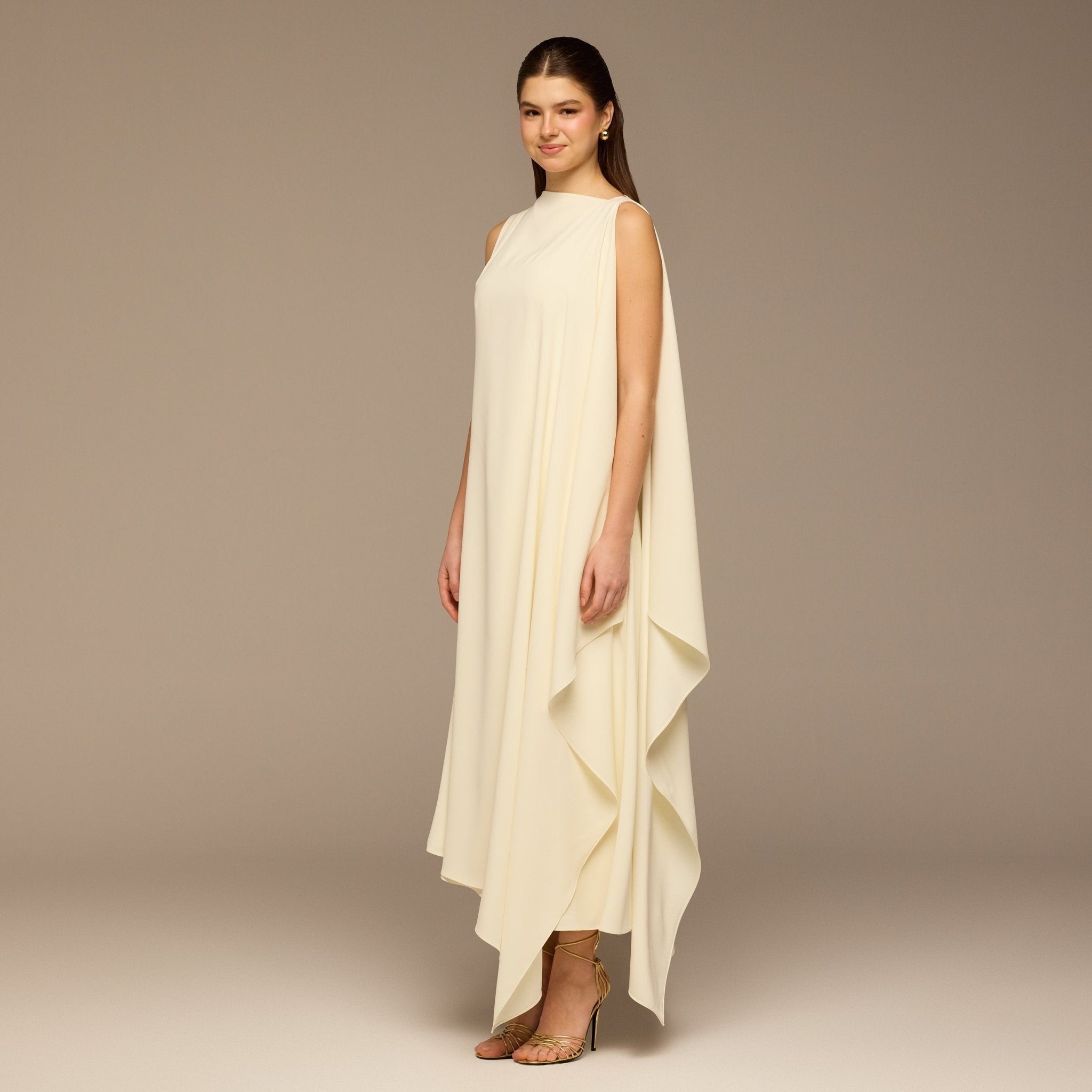 Ivory Sleeveless Crepe Maxi Dress with Side Scarf - shopaleena