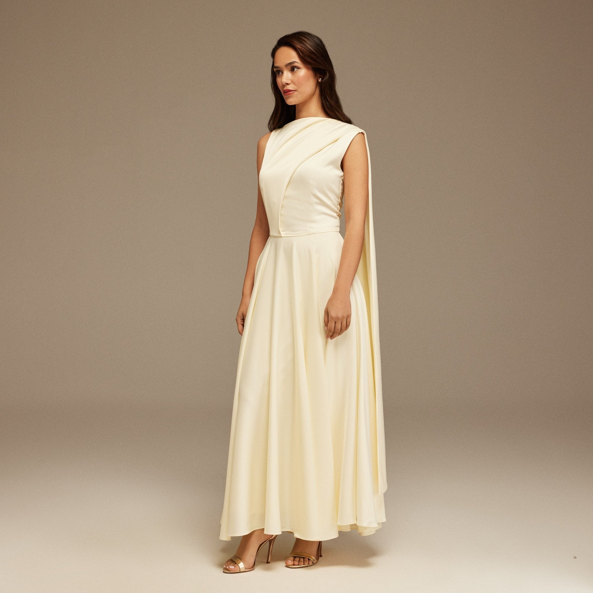 Ivory Sleeveless Satin Maxi Dress With Scarf - shopaleena