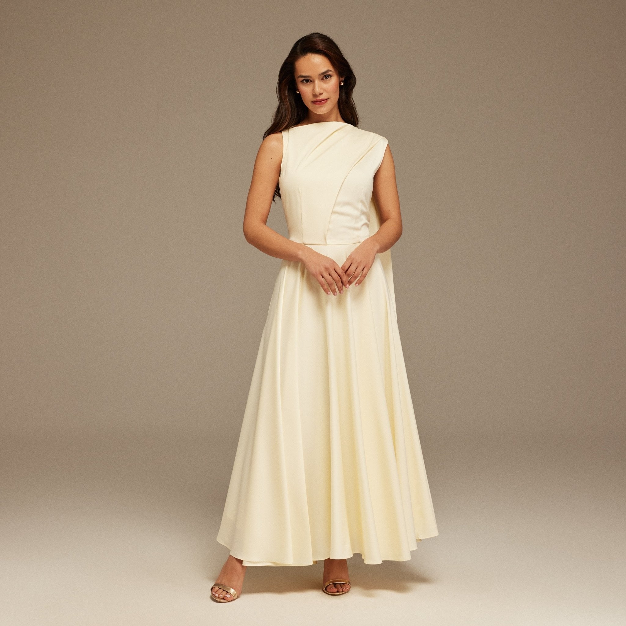 Ivory Sleeveless Satin Maxi Dress With Scarf - shopaleena