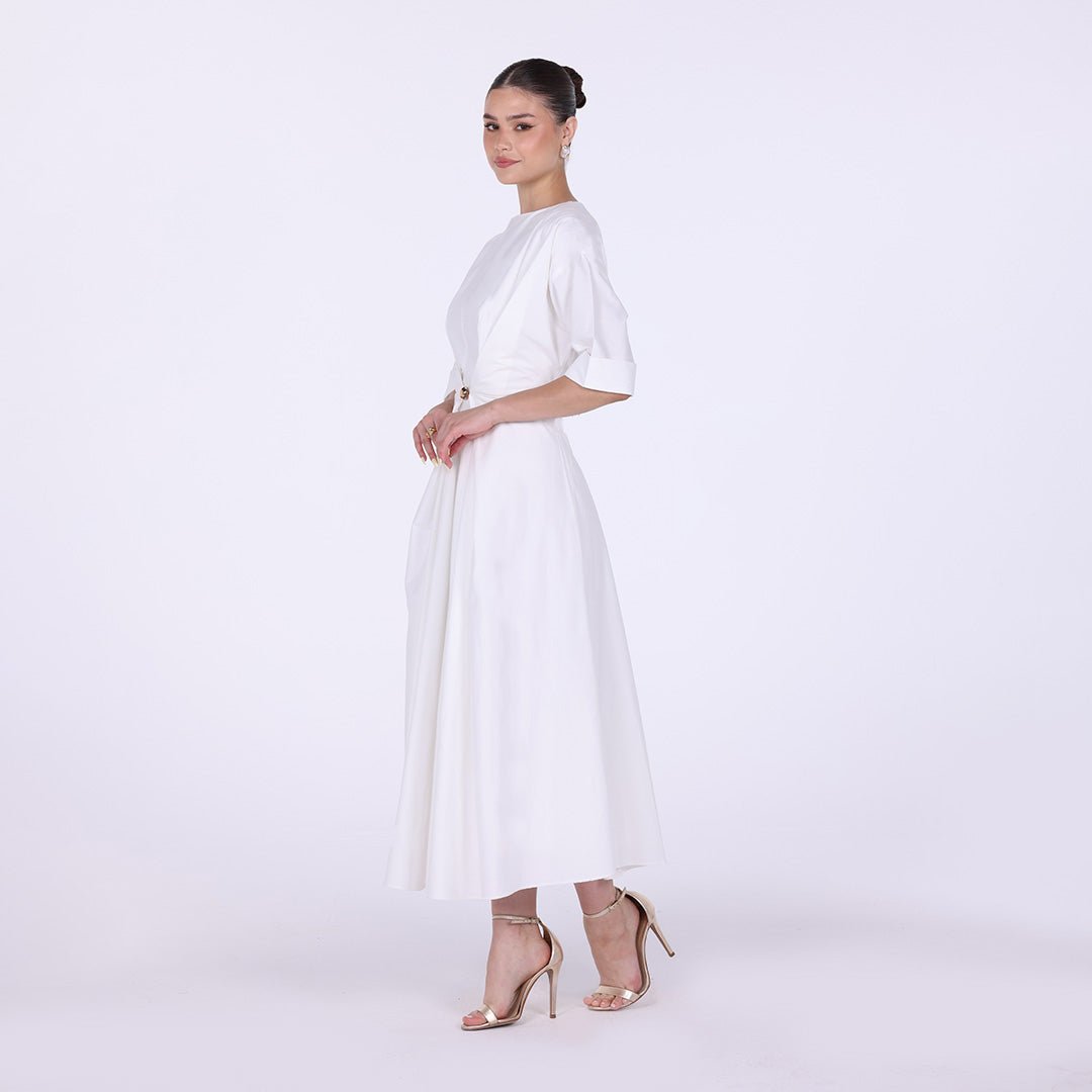 Ivory Twisted Front Cotton Poplin Midi Dress - shopaleena