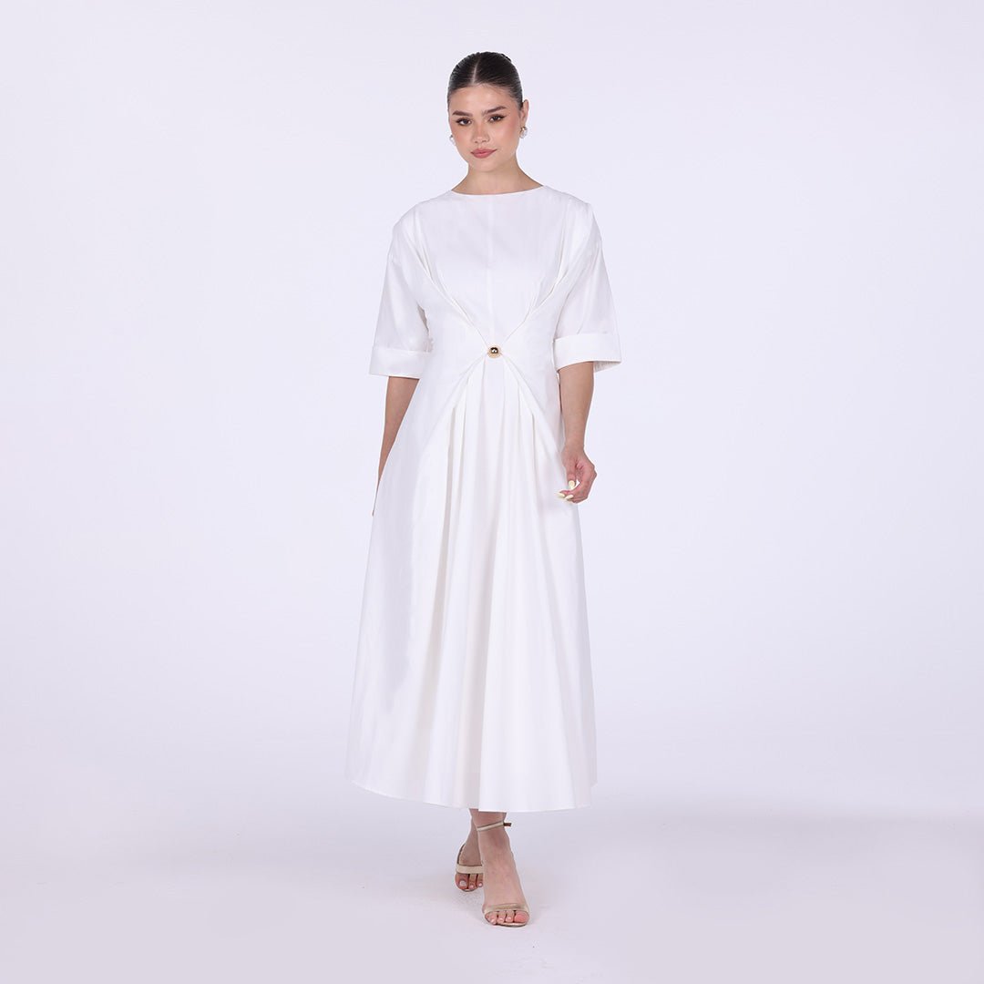 Ivory Twisted Front Cotton Poplin Midi Dress - shopaleena