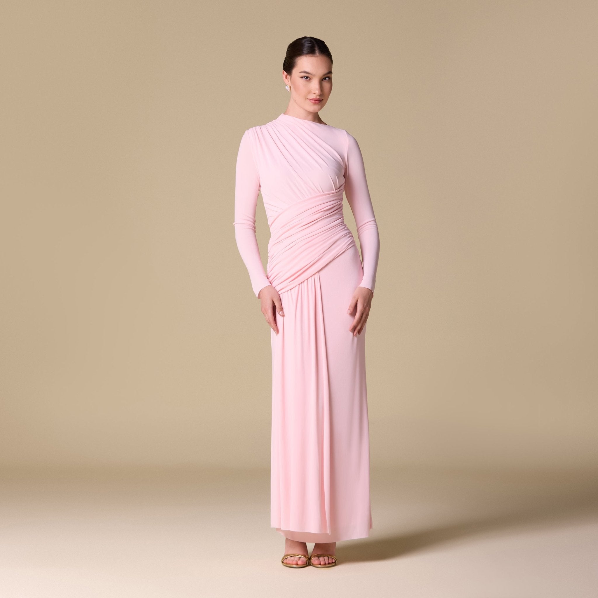 Jersey Draped Long Sleeve Maxi Dress - shopaleena