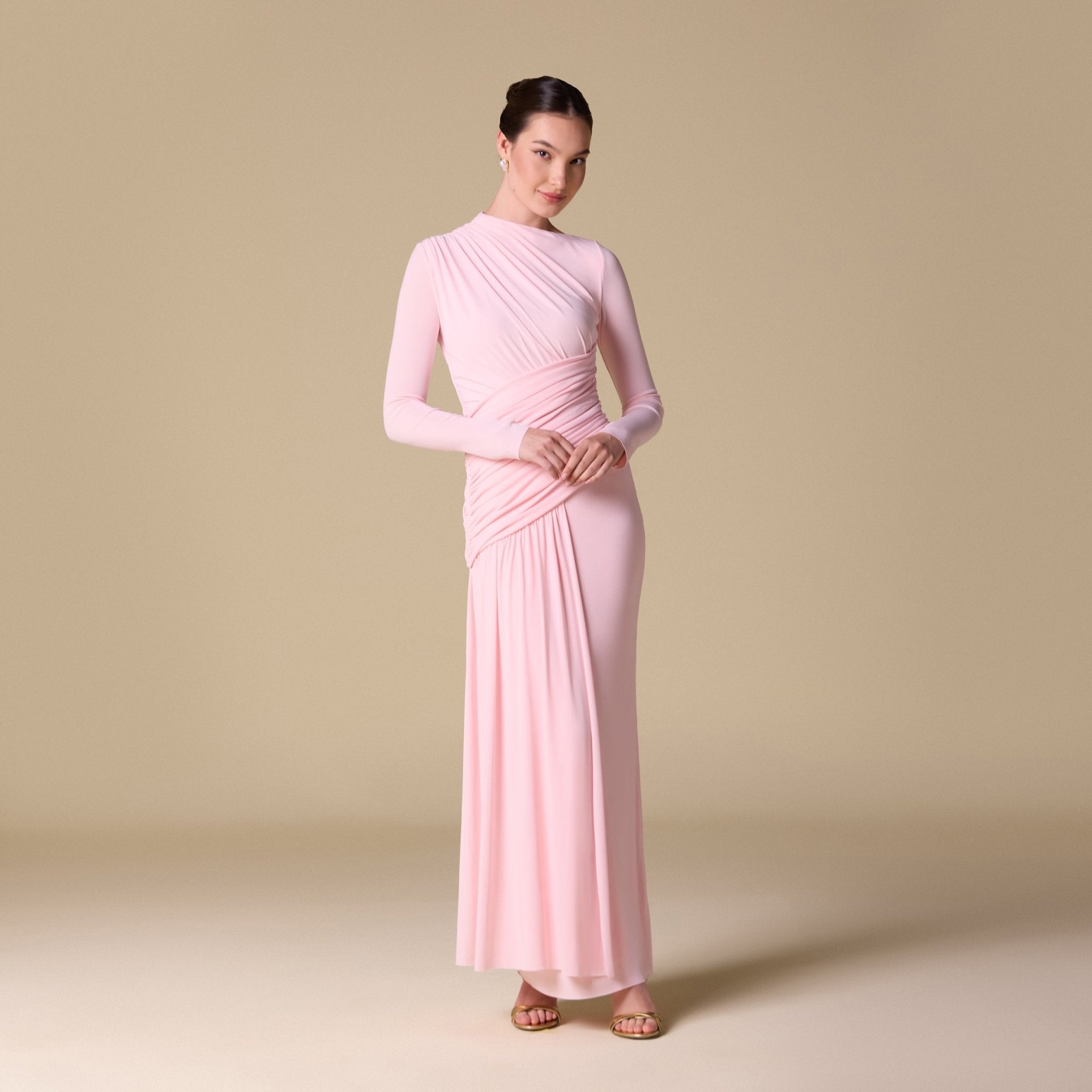 Jersey Draped Long Sleeve Maxi Dress - shopaleena