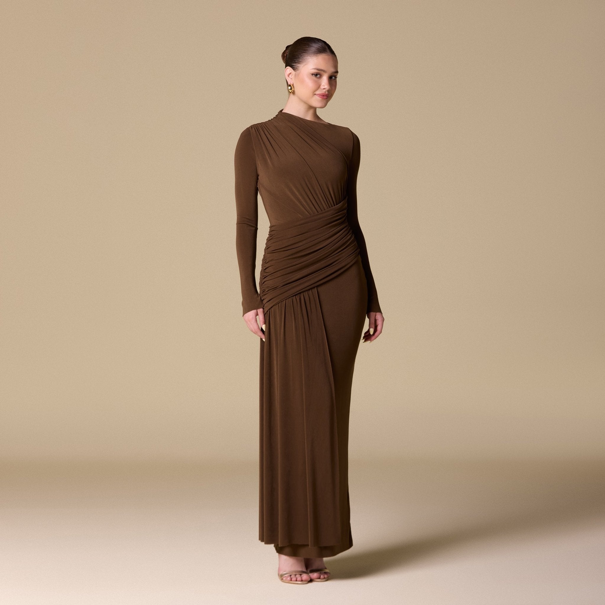 Jersey Draped Long Sleeve Maxi Dress - shopaleena