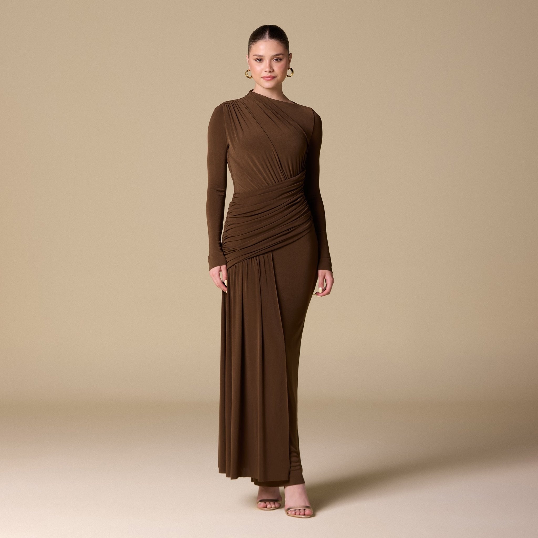 Jersey Draped Long Sleeve Maxi Dress - shopaleena