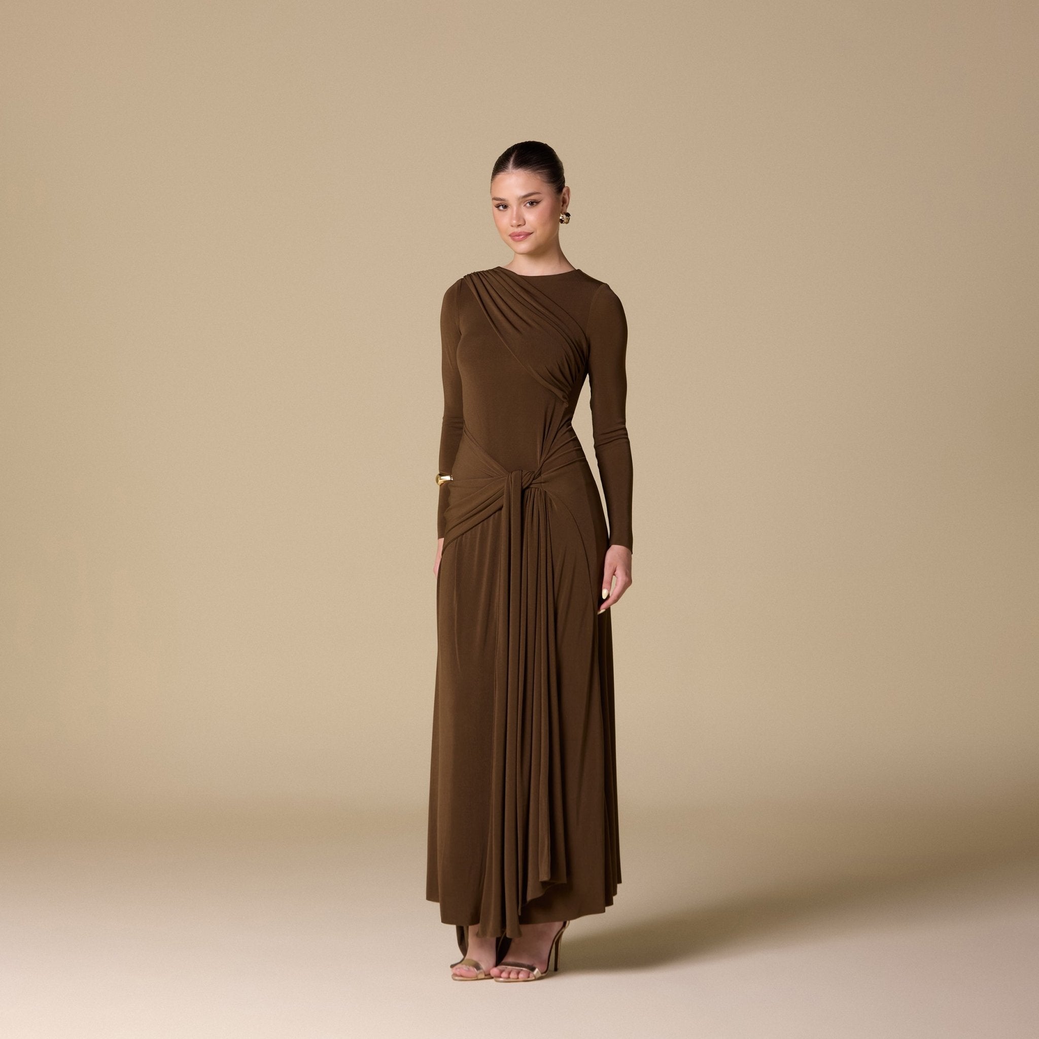Jersey Draped Maxi Dress with Back Scarf - shopaleena