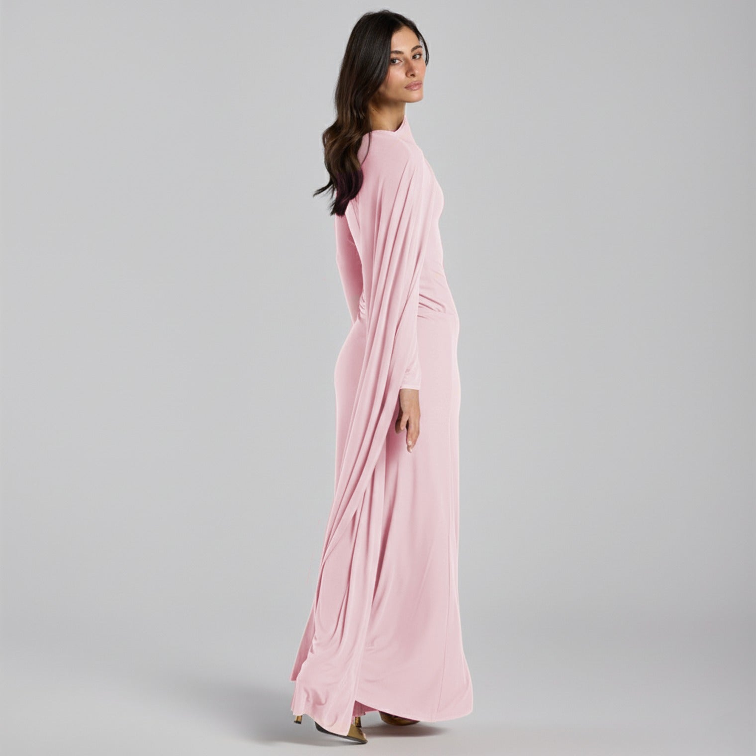 Jersey Draped Maxi Dress with Sleeve Scarf - shopaleena