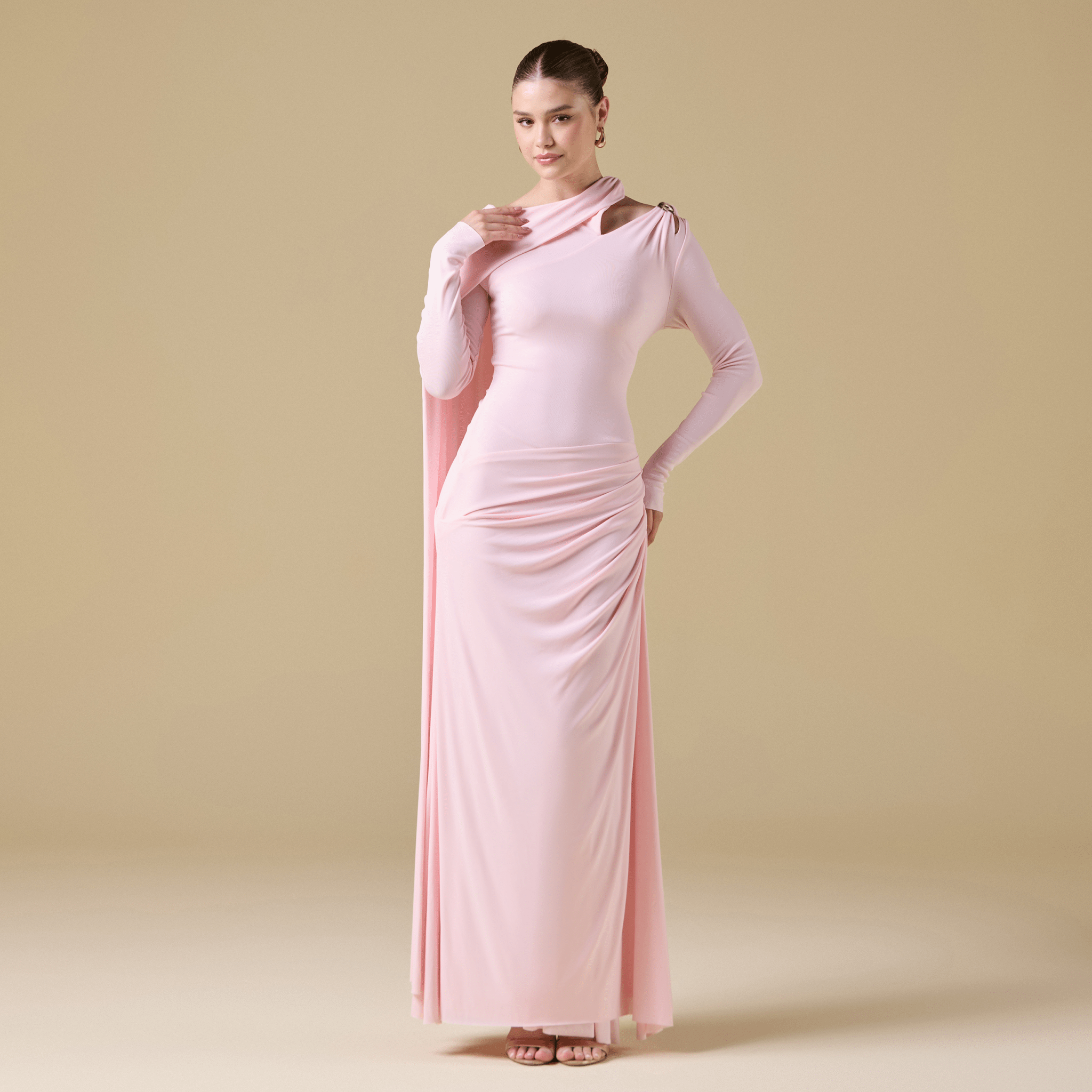 Jersey Draped Maxi Dress with Sleeve Scarf - shopaleena