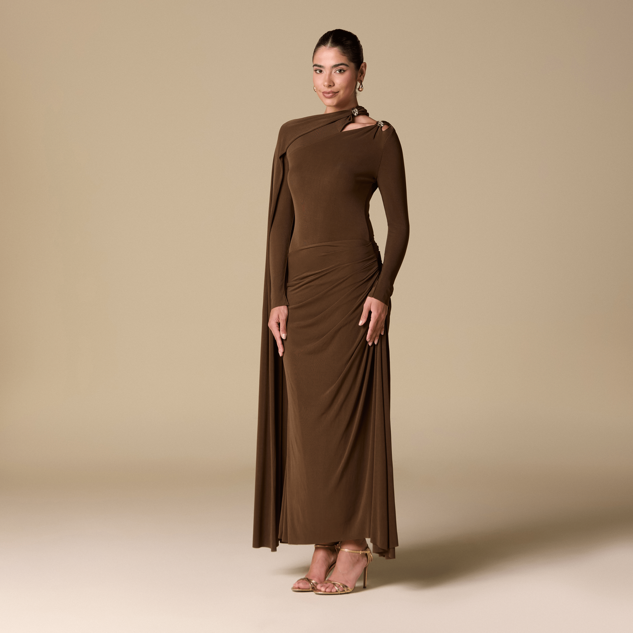 Jersey Draped Maxi Dress with Sleeve Scarf - shopaleena