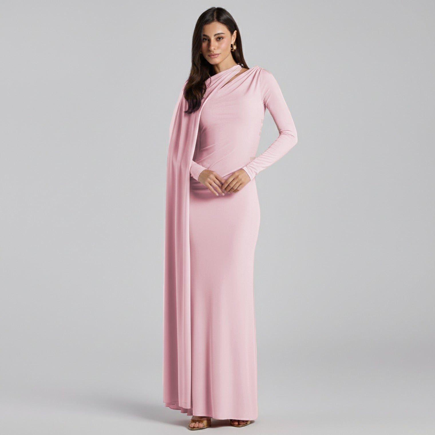 Jersey Draped Maxi Dress with Sleeve Scarf - shopaleena