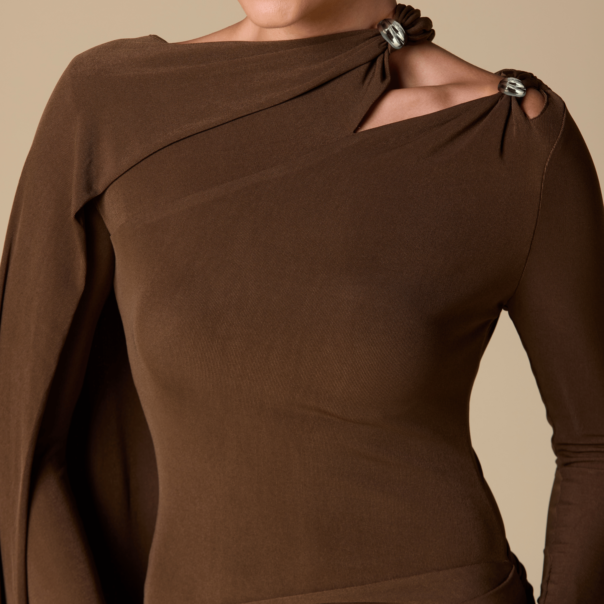 Jersey Draped Maxi Dress with Sleeve Scarf - shopaleena
