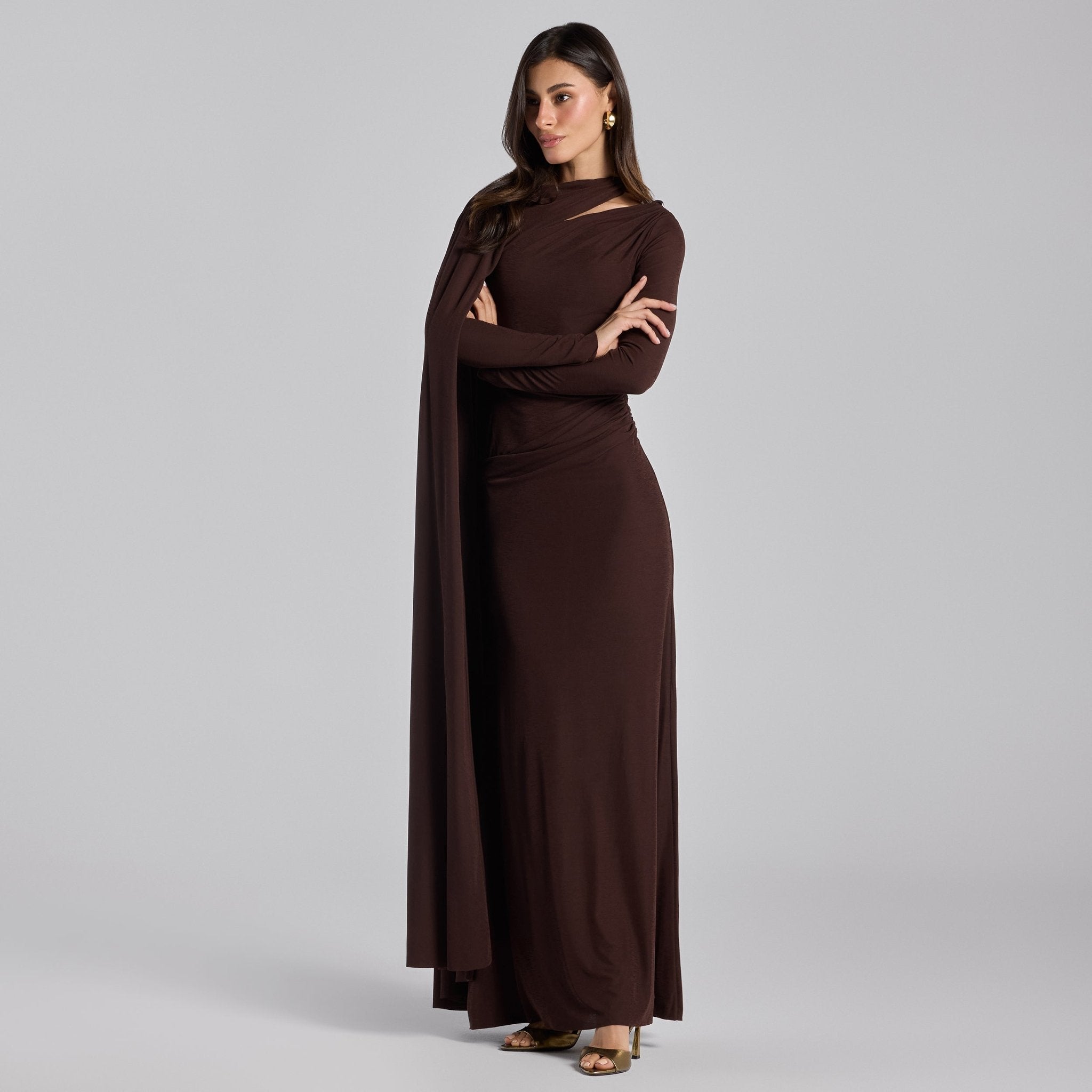 Jersey Draped Maxi Dress with Sleeve Scarf - shopaleena