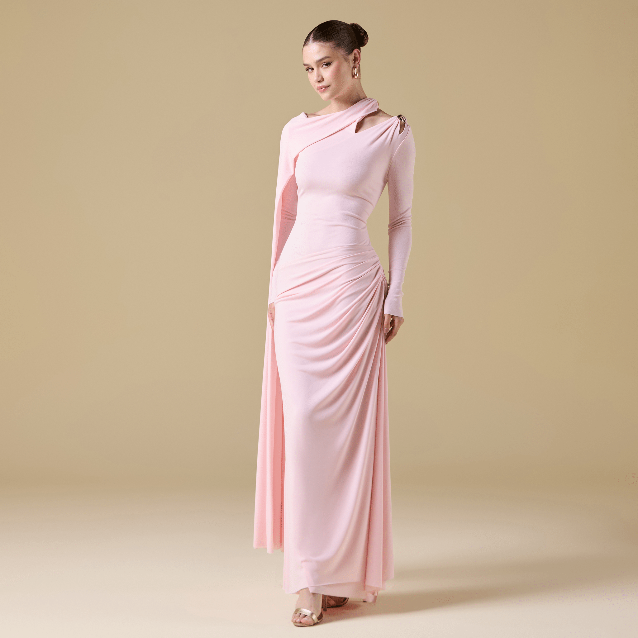 Jersey Draped Maxi Dress with Sleeve Scarf - shopaleena