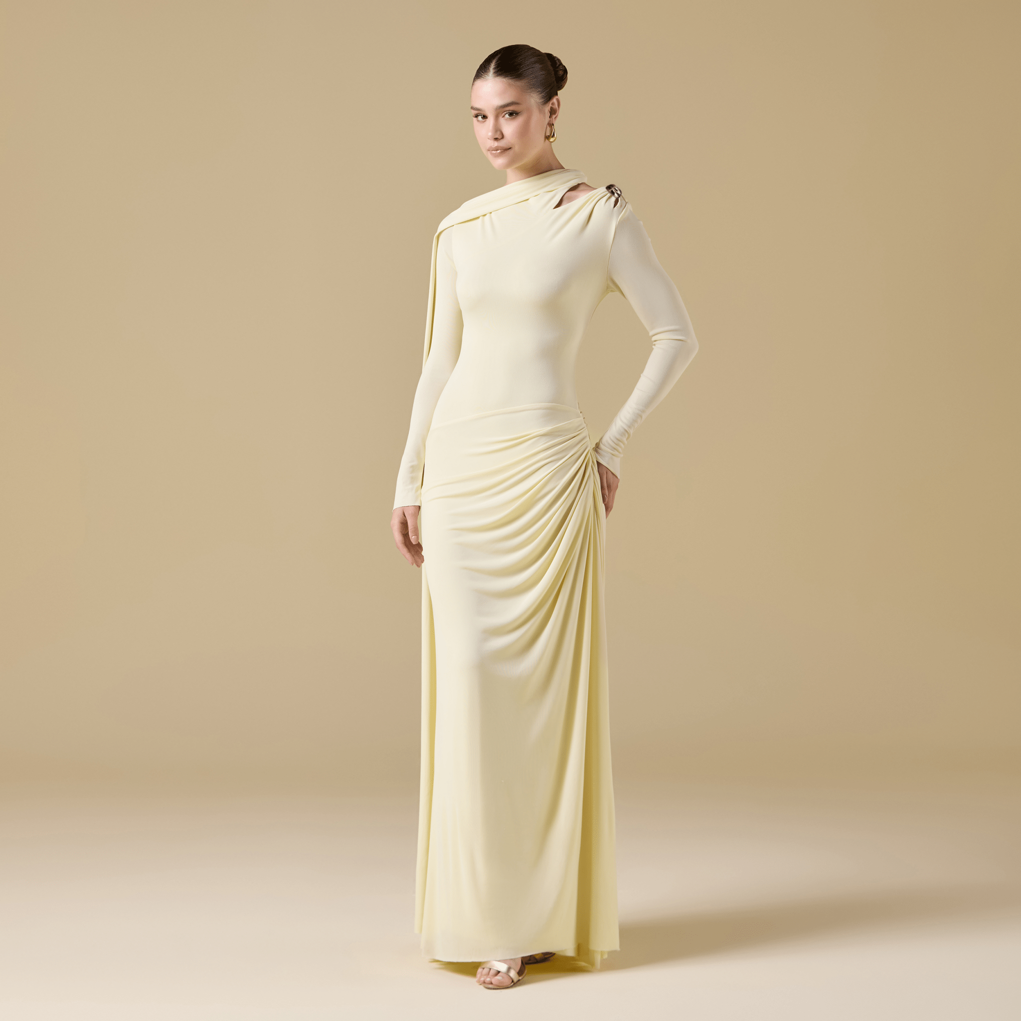 Jersey Draped Maxi Dress with Sleeve Scarf - shopaleena