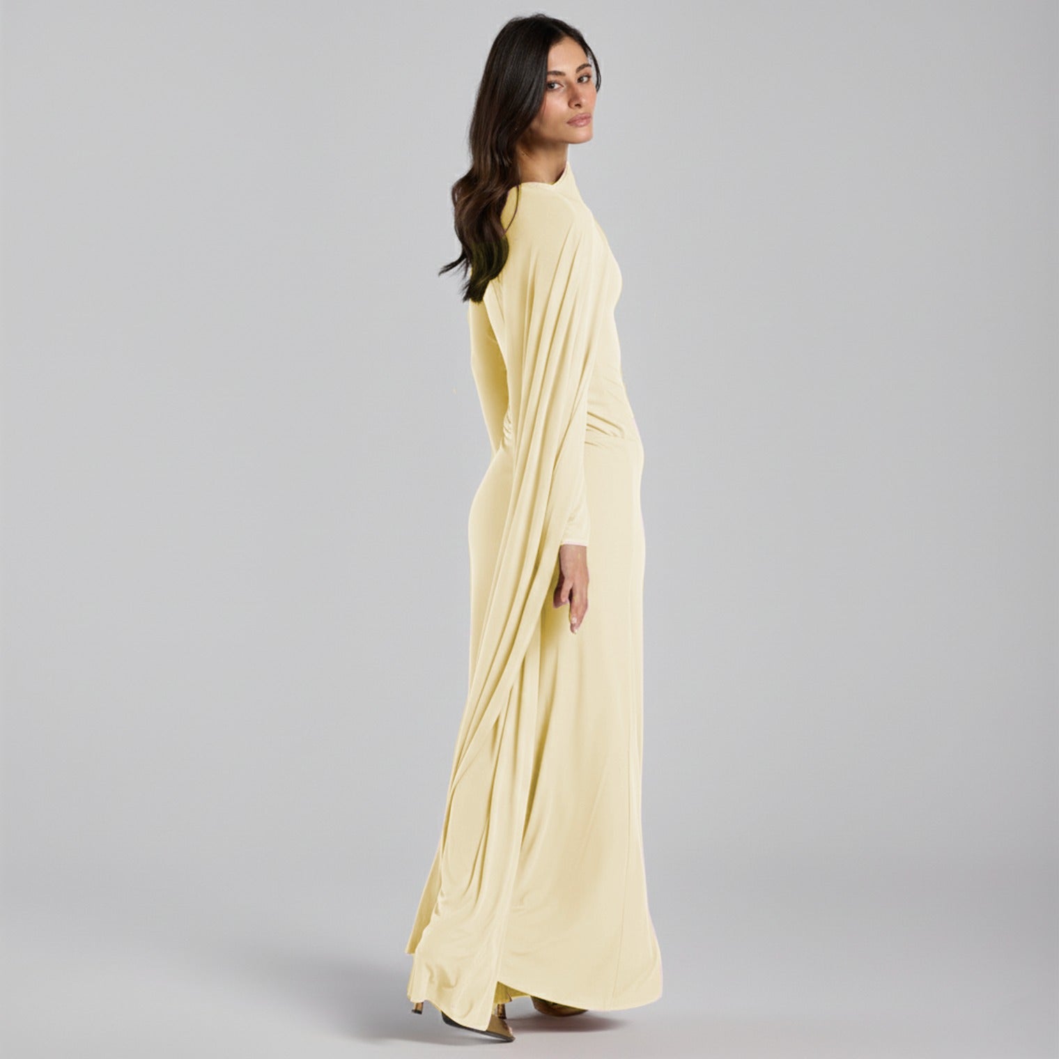 Jersey Draped Maxi Dress with Sleeve Scarf - shopaleena