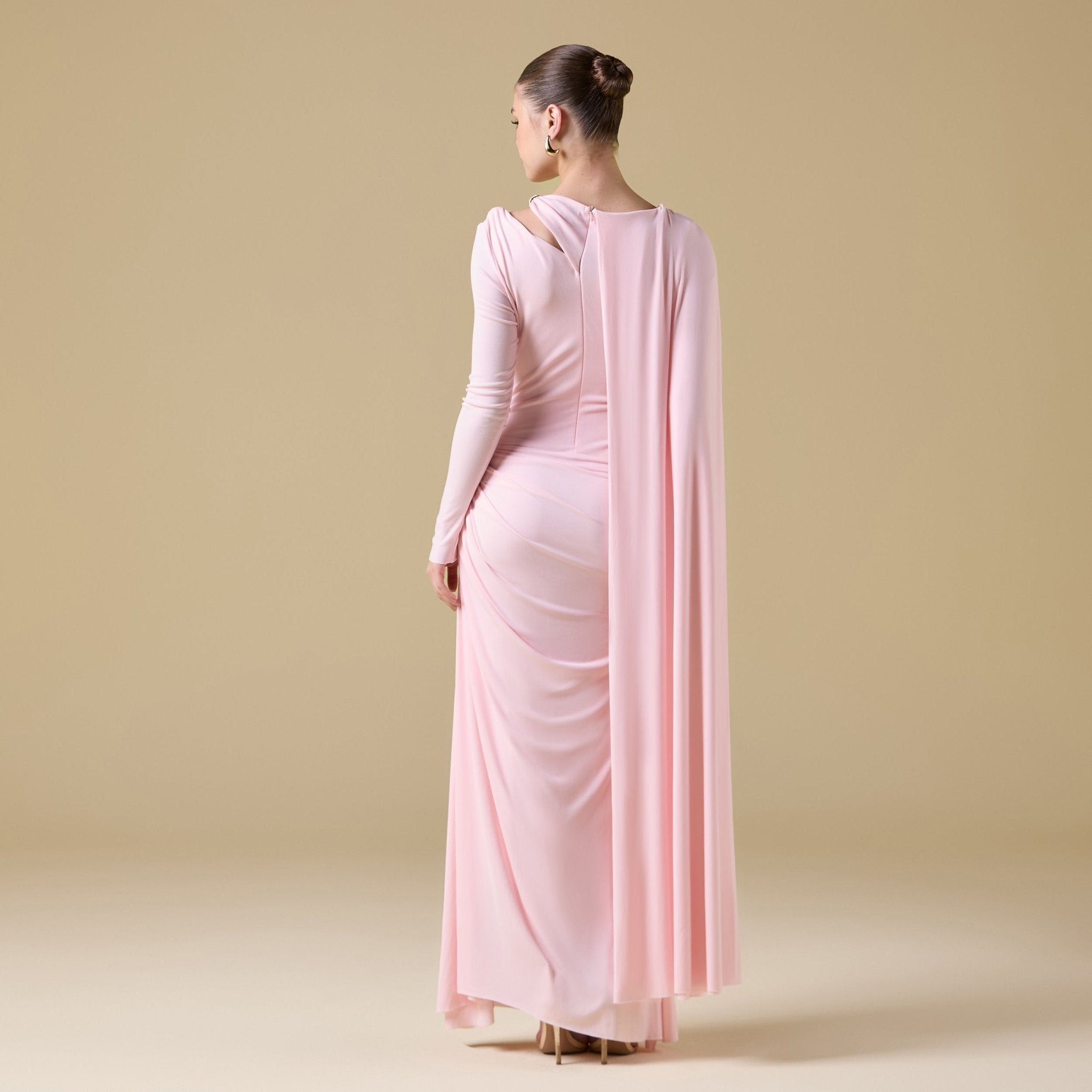 Jersey Draped Maxi Dress with Sleeve Scarf - shopaleena