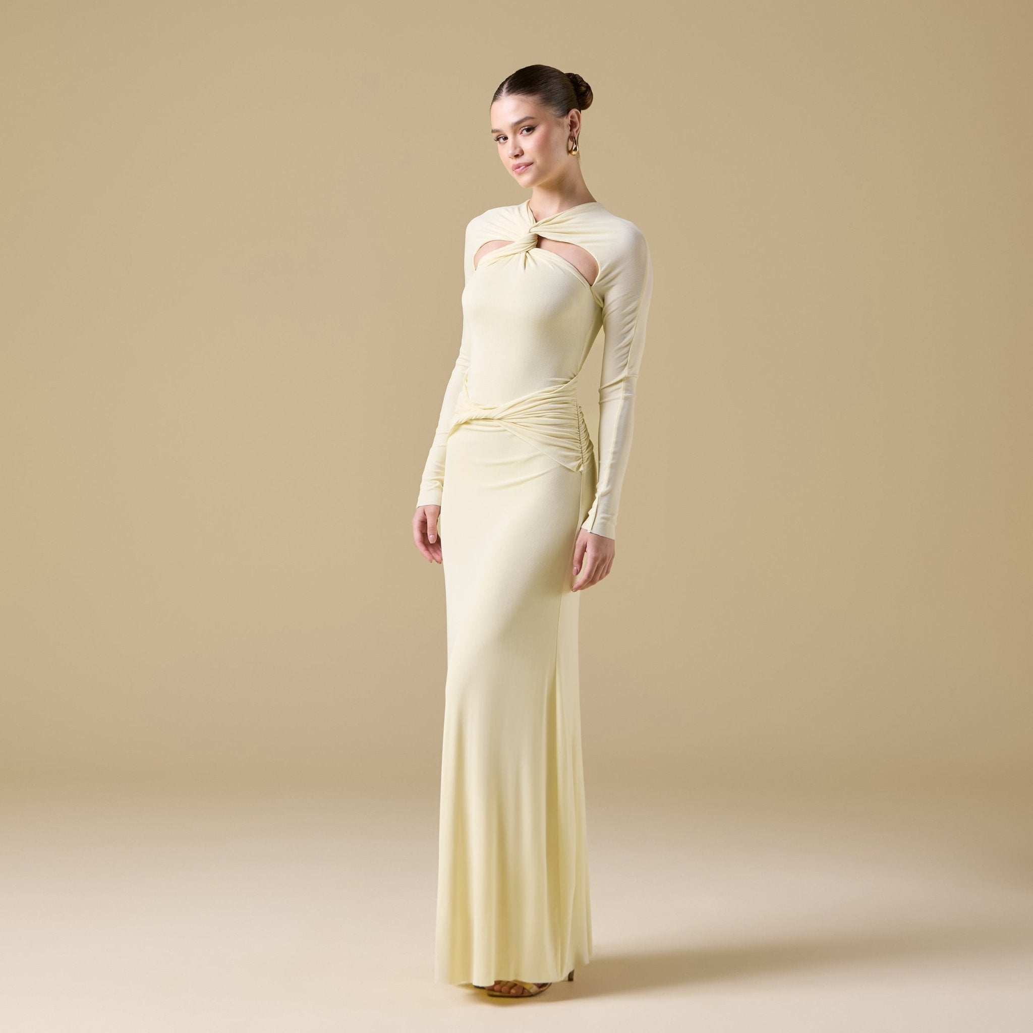 Jersey Gathered Maxi Dress with Chest Cut - Out - shopaleena