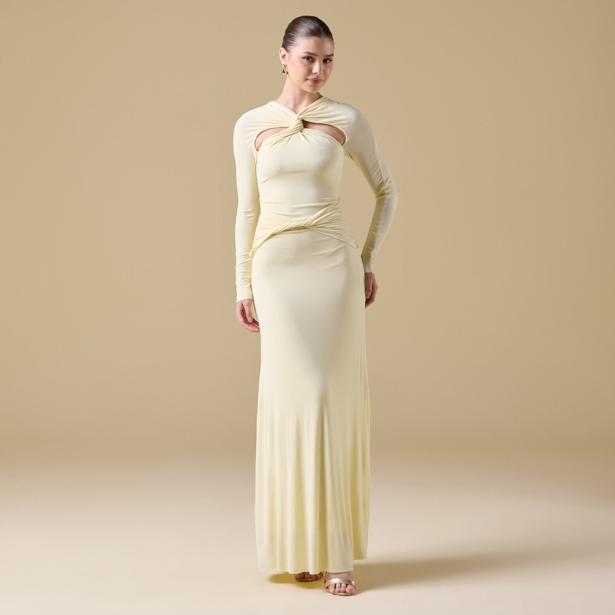 Jersey Gathered Maxi Dress with Chest Cut - Out - shopaleena
