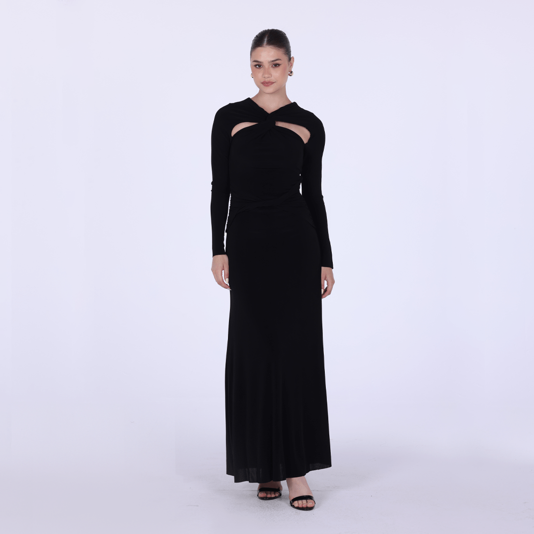 Jersey Gathered Maxi Dress with Chest Cut - Out - shopaleena
