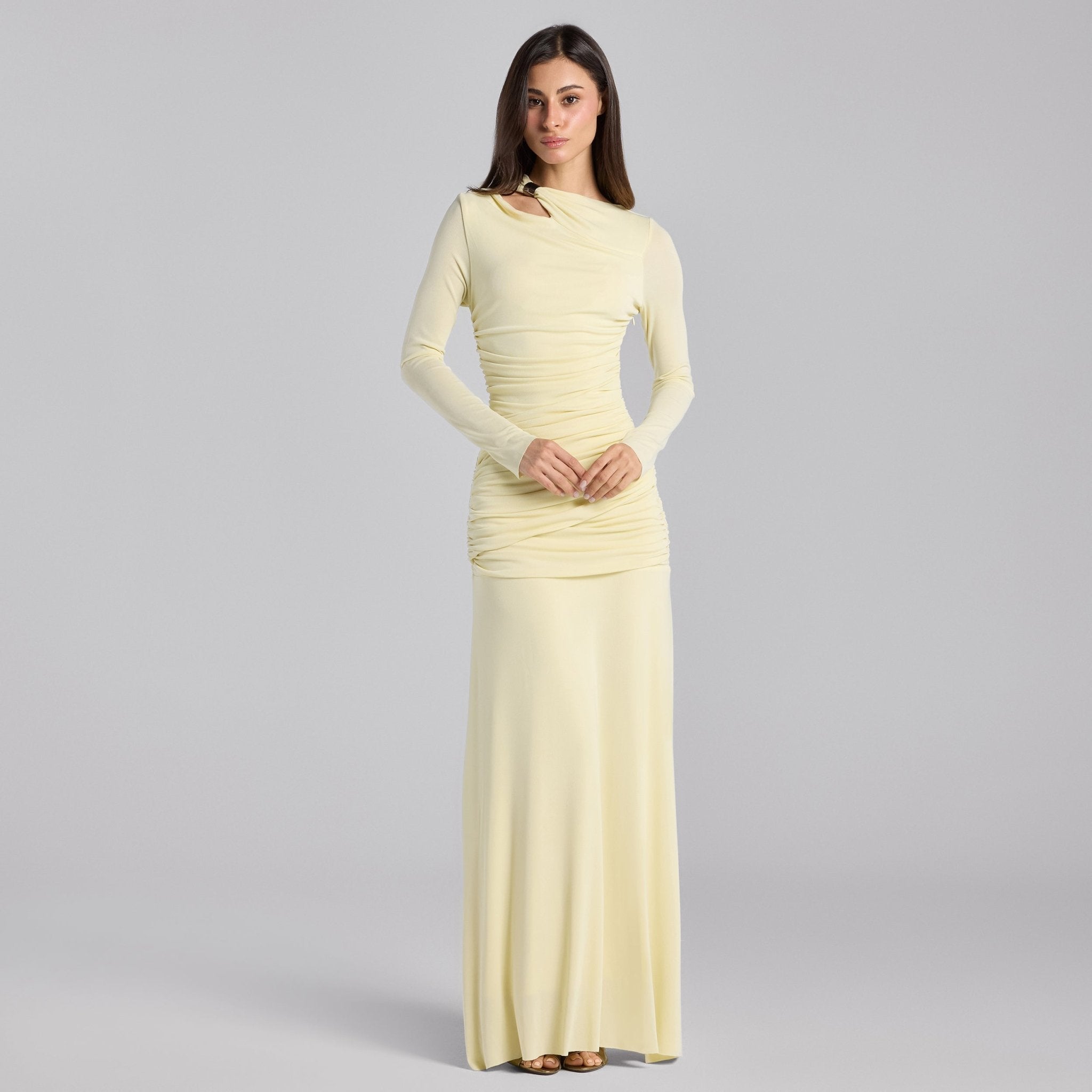 Jersey Gathered Maxi Dress with Gold Accessory - shopaleena