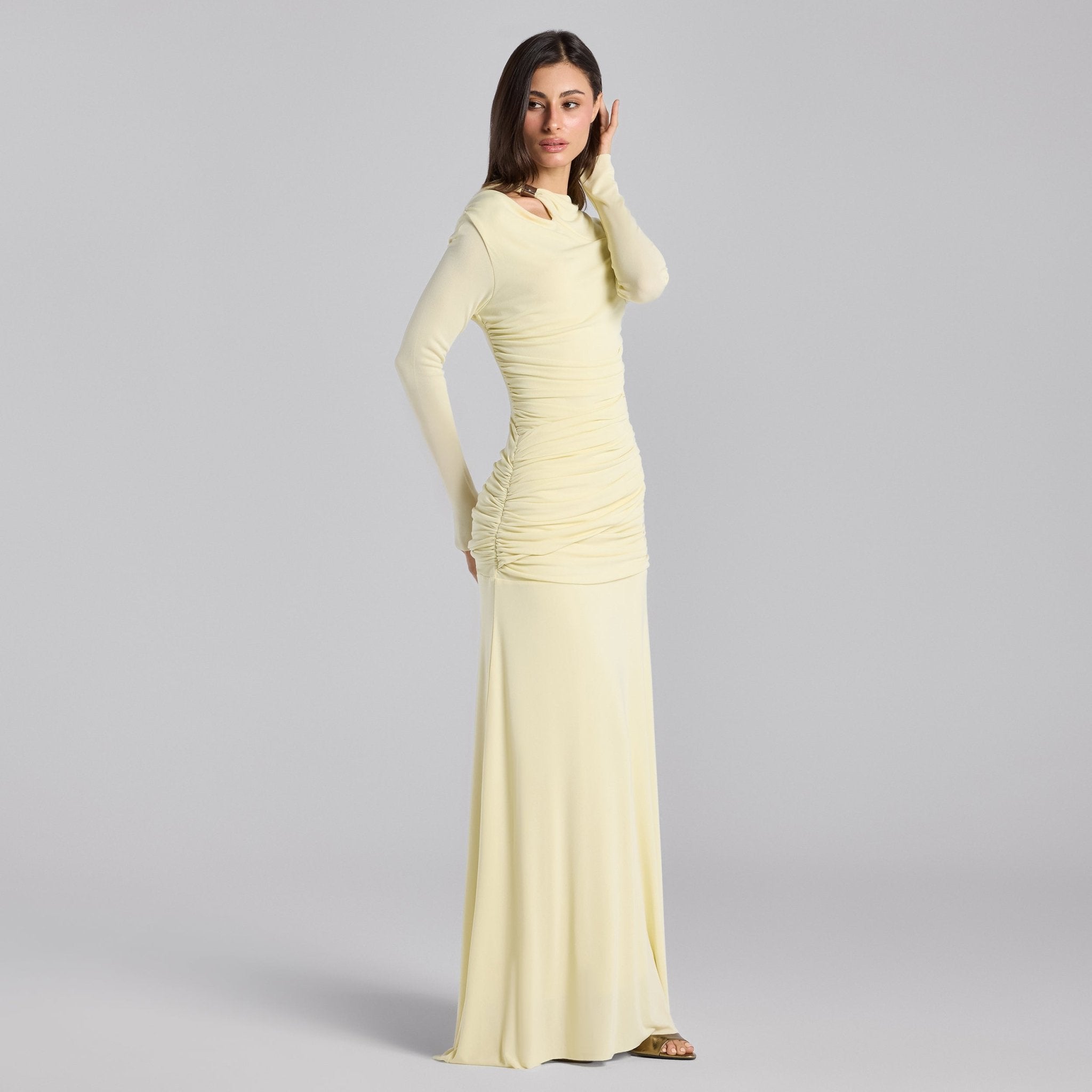Jersey Gathered Maxi Dress with Gold Accessory - shopaleena