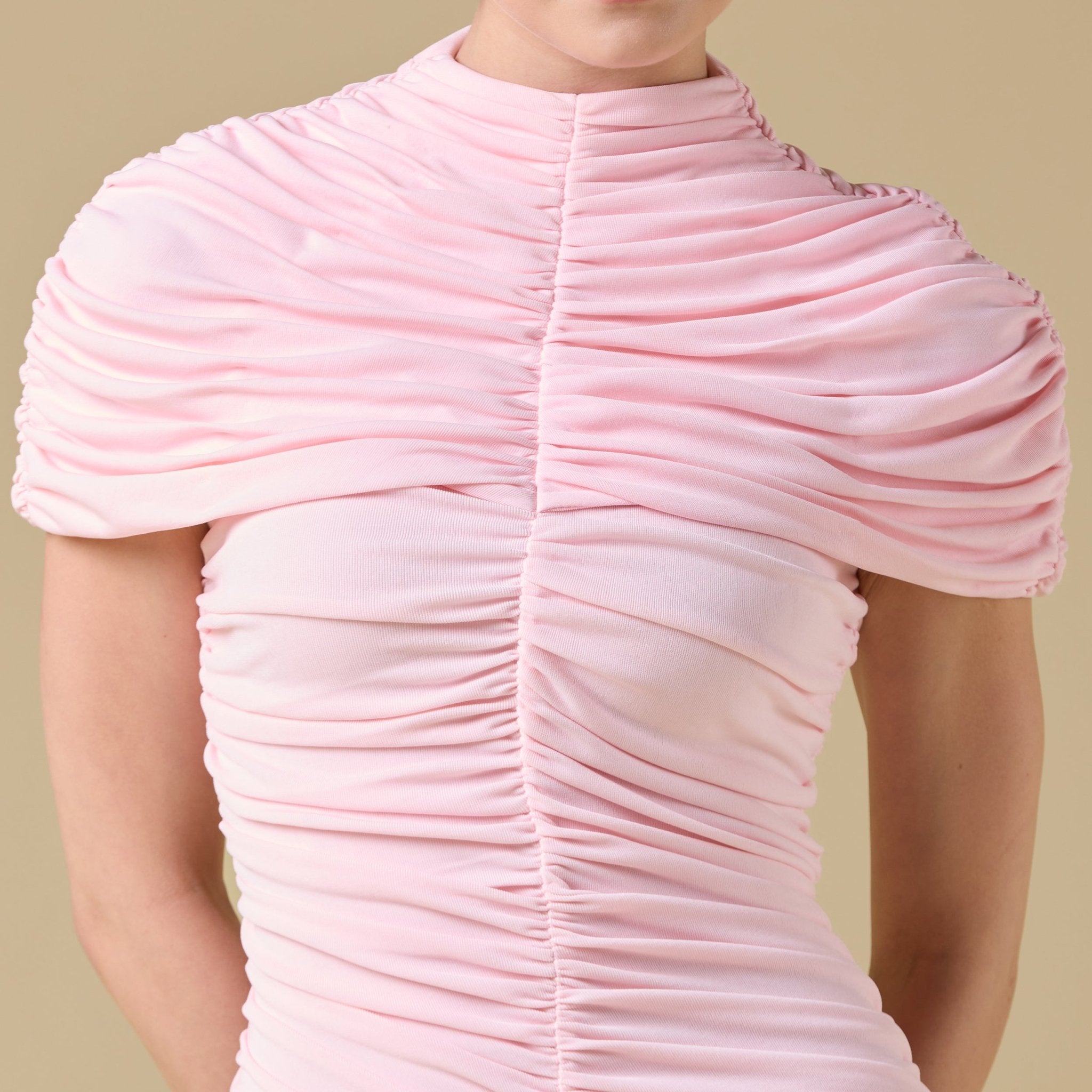 Jersey Gathered Maxi Dress with Pleated Skirt - shopaleena