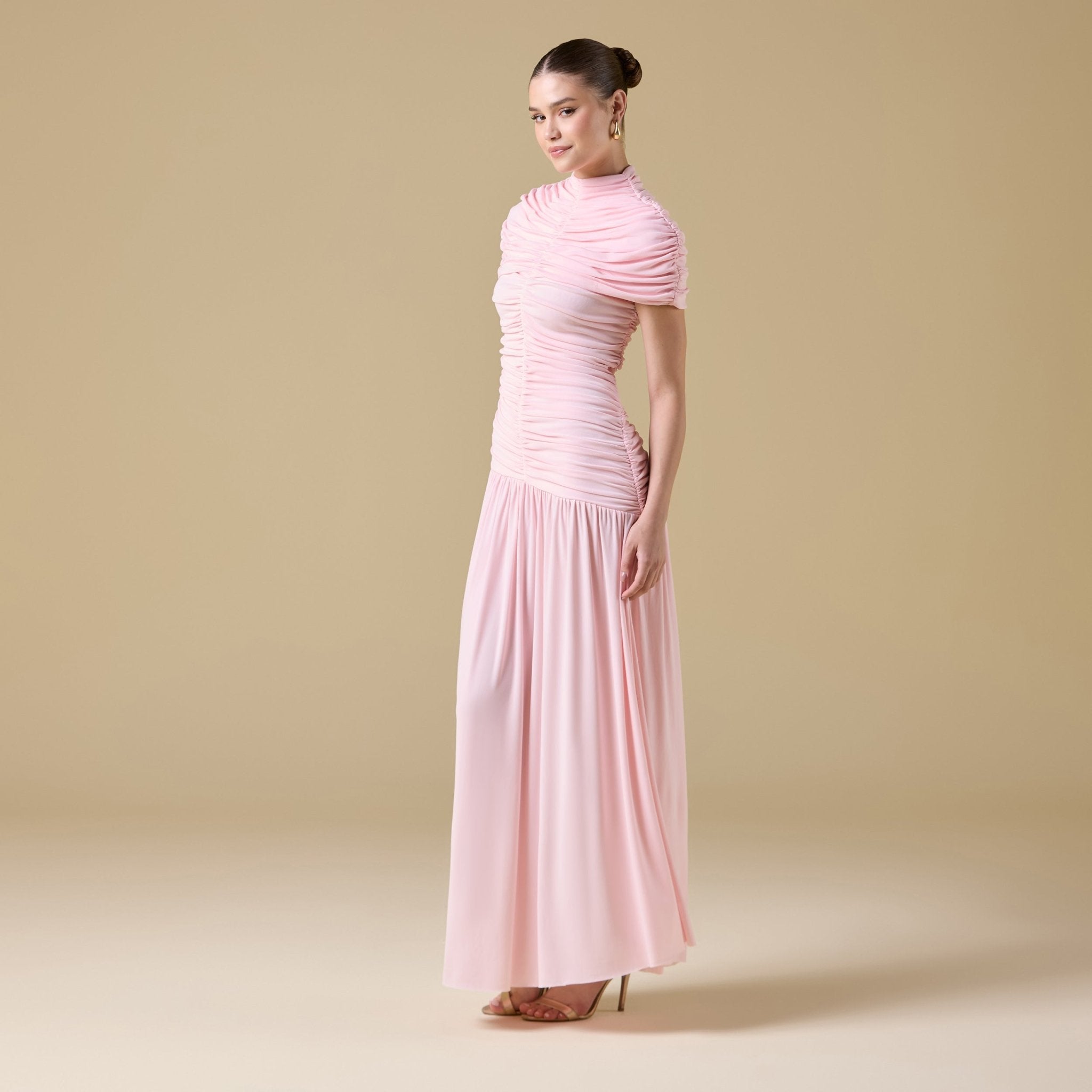 Jersey Gathered Maxi Dress with Pleated Skirt - shopaleena
