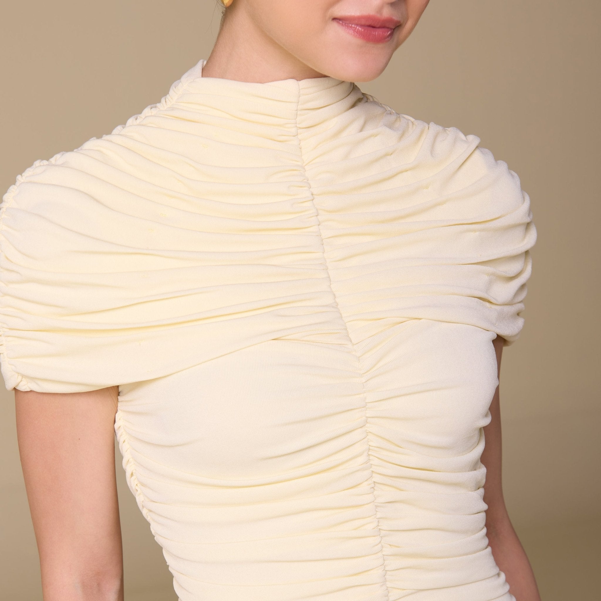 Jersey Gathered Maxi Dress with Pleated Skirt - shopaleena