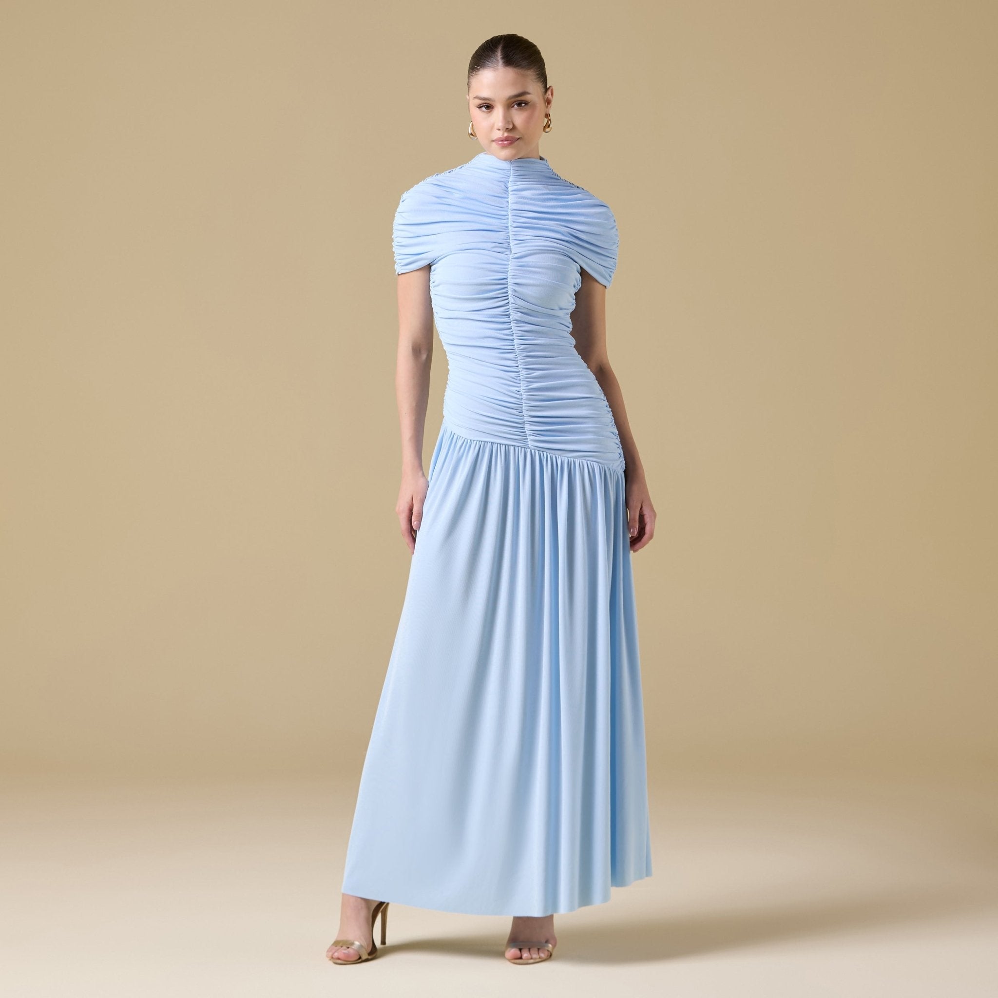 Jersey Gathered Maxi Dress with Pleated Skirt - shopaleena
